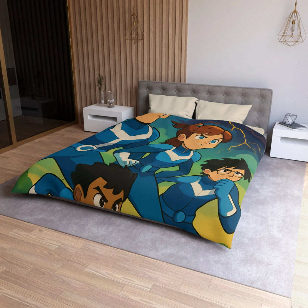 Housse de couette aventure : personnages animés et ciel orageux captivant pour chambre dynamique