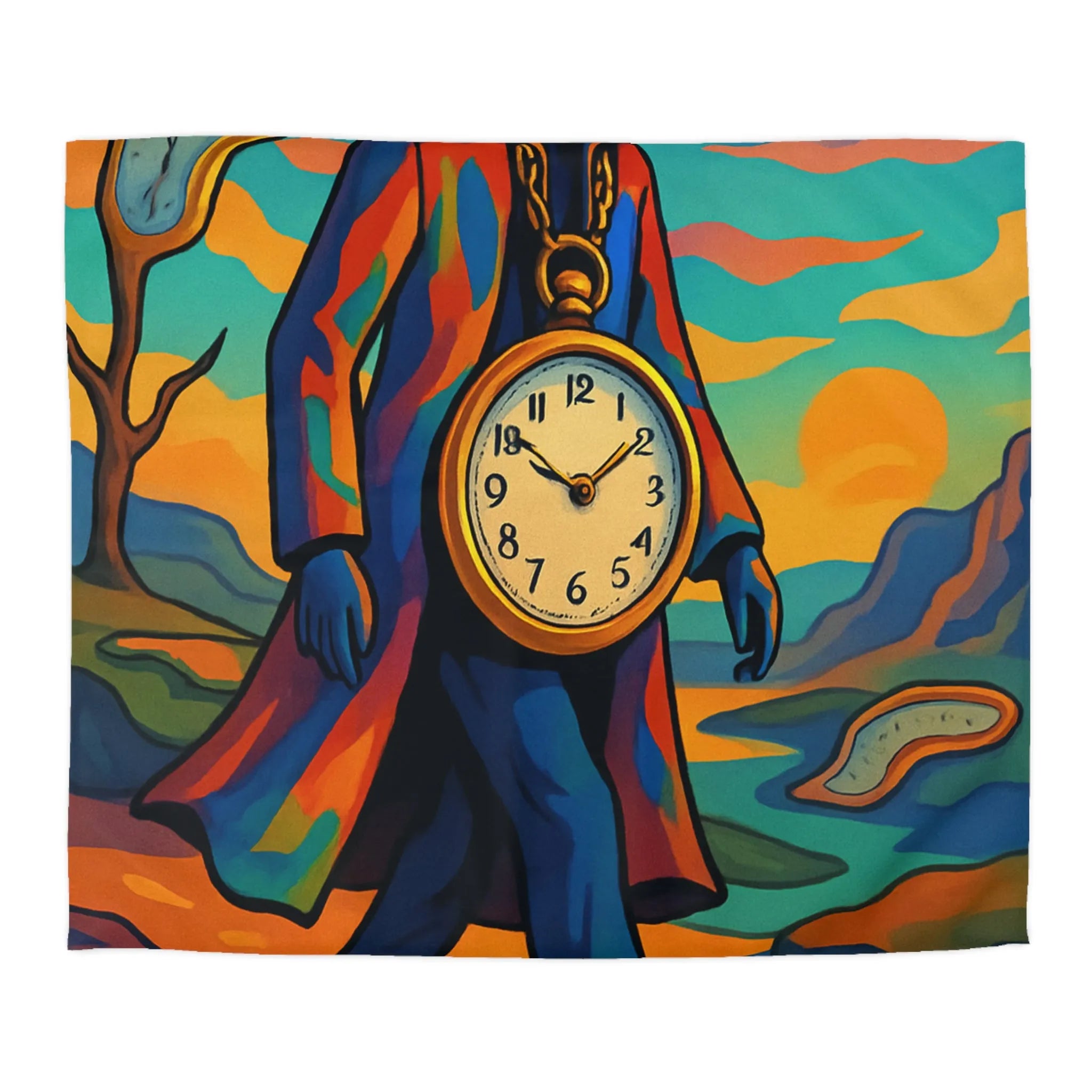 Housse de couette colorée avec personnage mystérieux style surréaliste montre et paysages