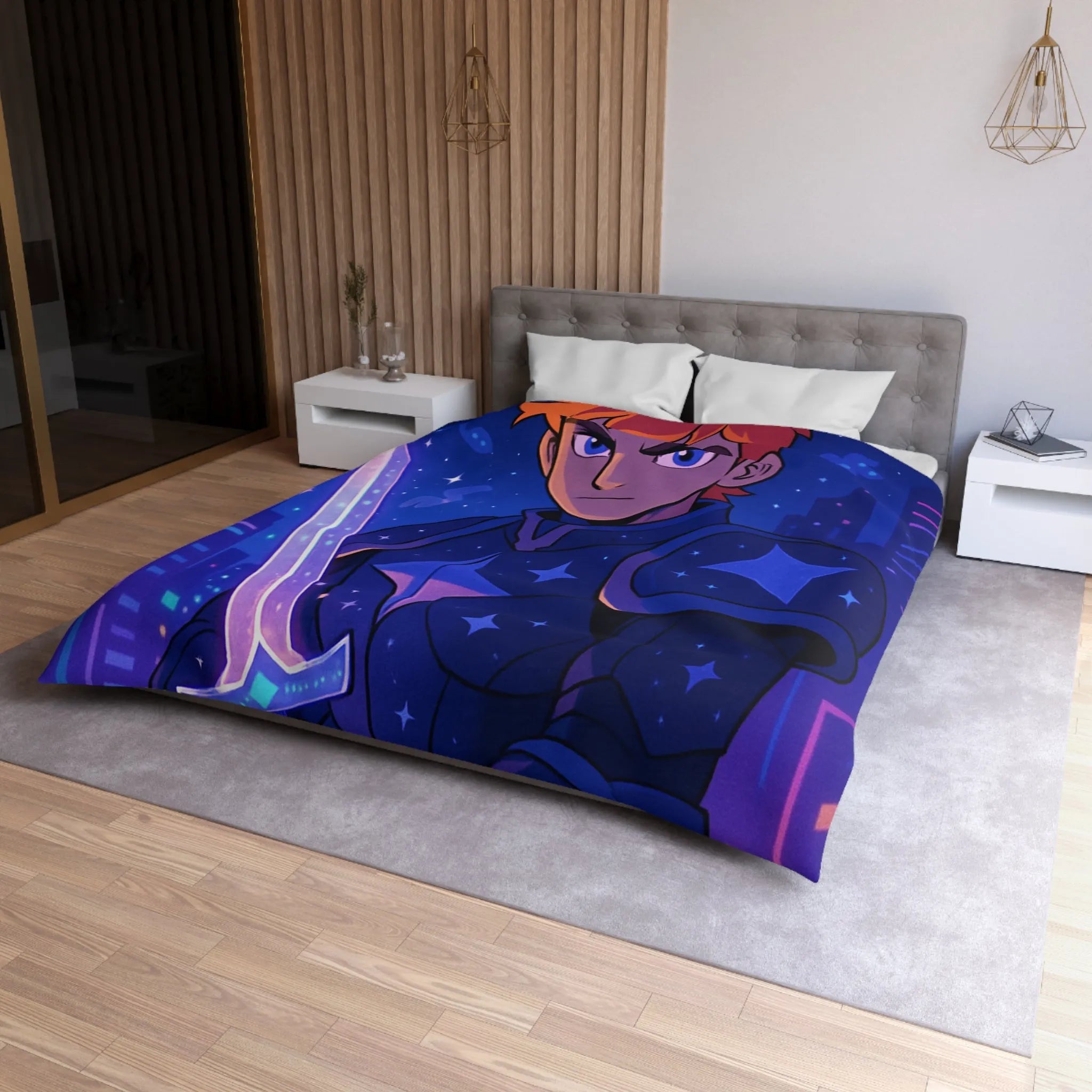 Housse de couette galactique avec chevalier et skyline futuriste pour chambre moderne