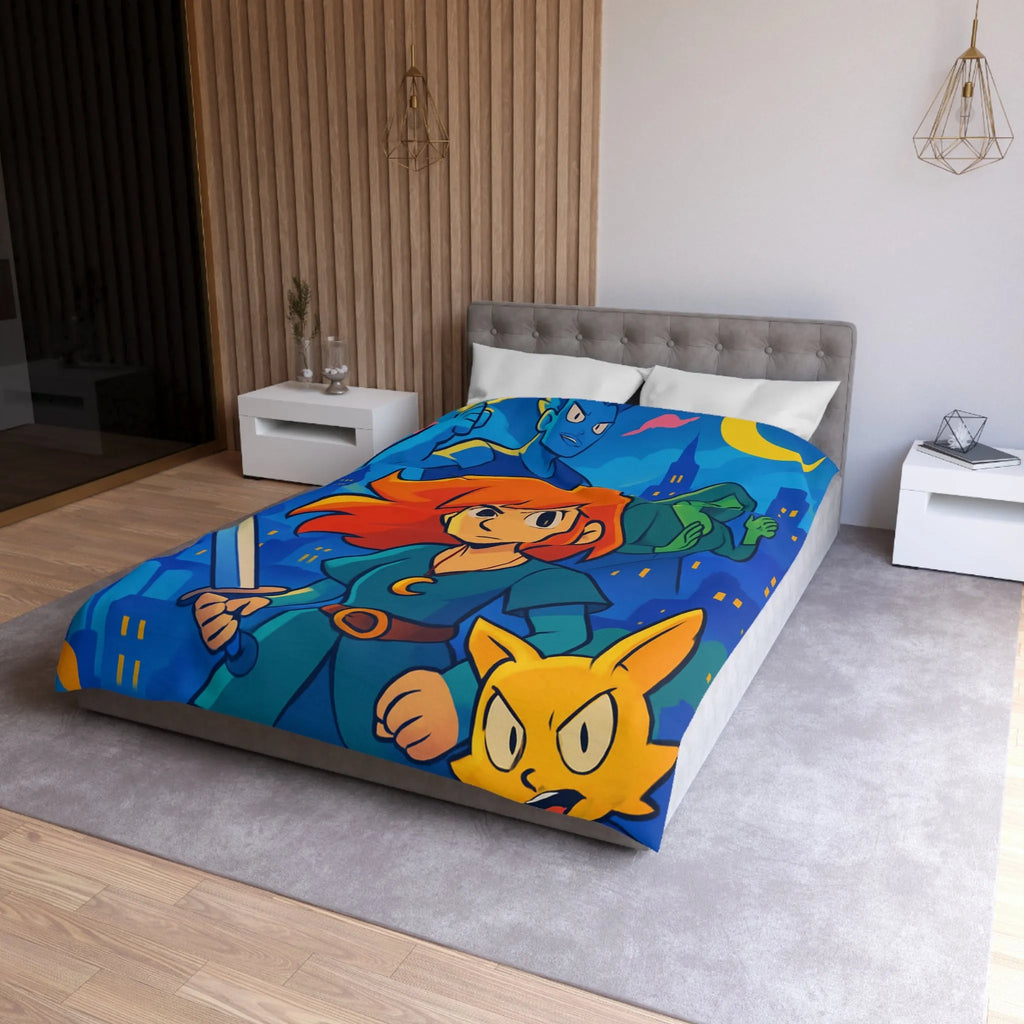 Housse de couette héroïque avec épée, ville nocturne et créatures fantastiques colorées