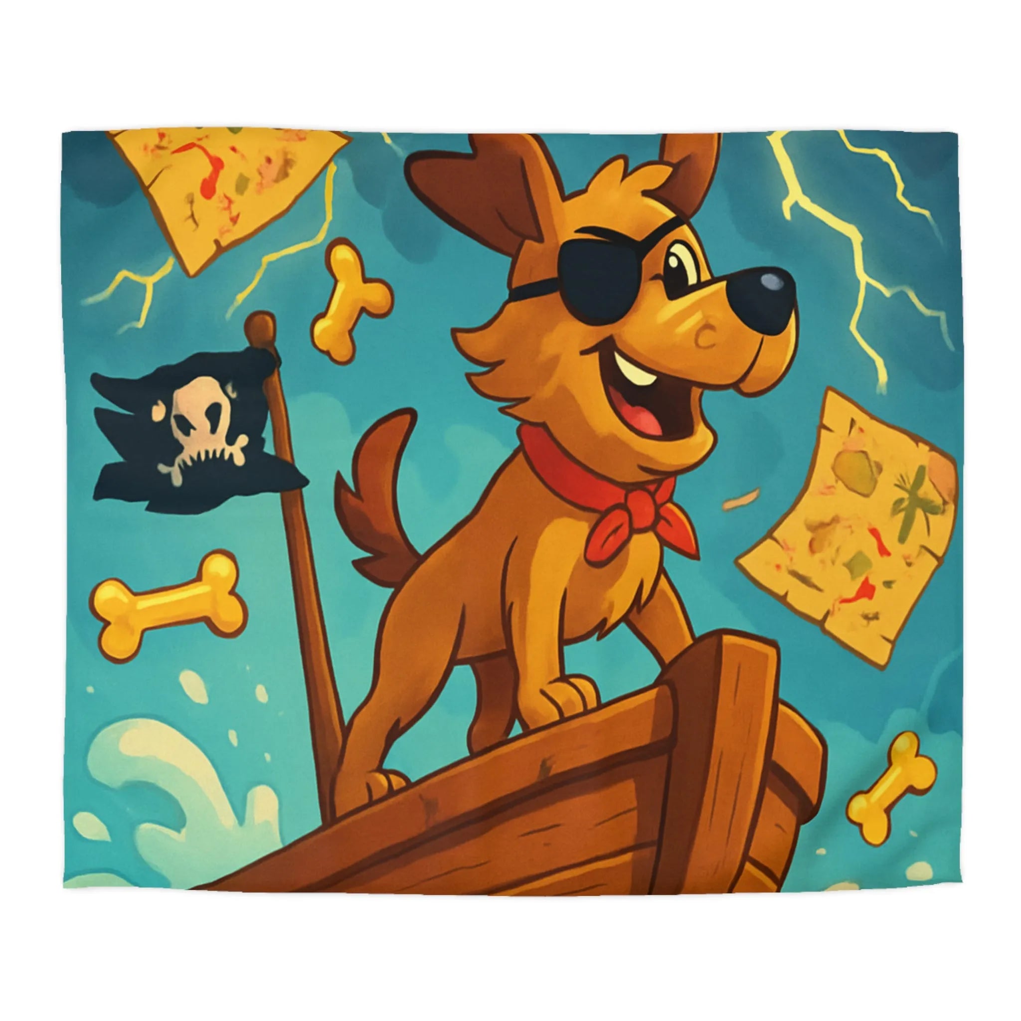 Housse de couette avec chien pirate, mer agitée, cartes et os flottants