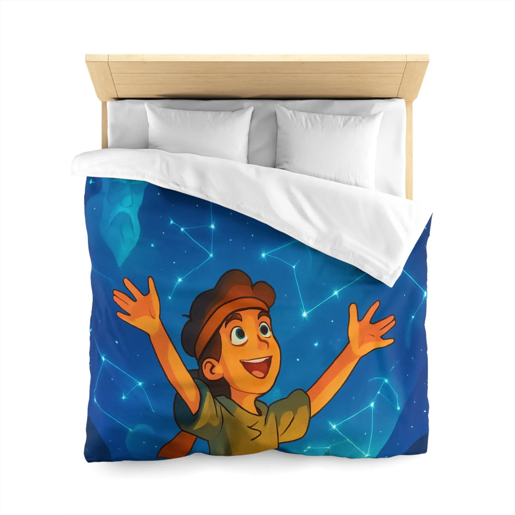 Housse de couette illustrée nocturne avec enfant, robot et constellations célestes inspirantes