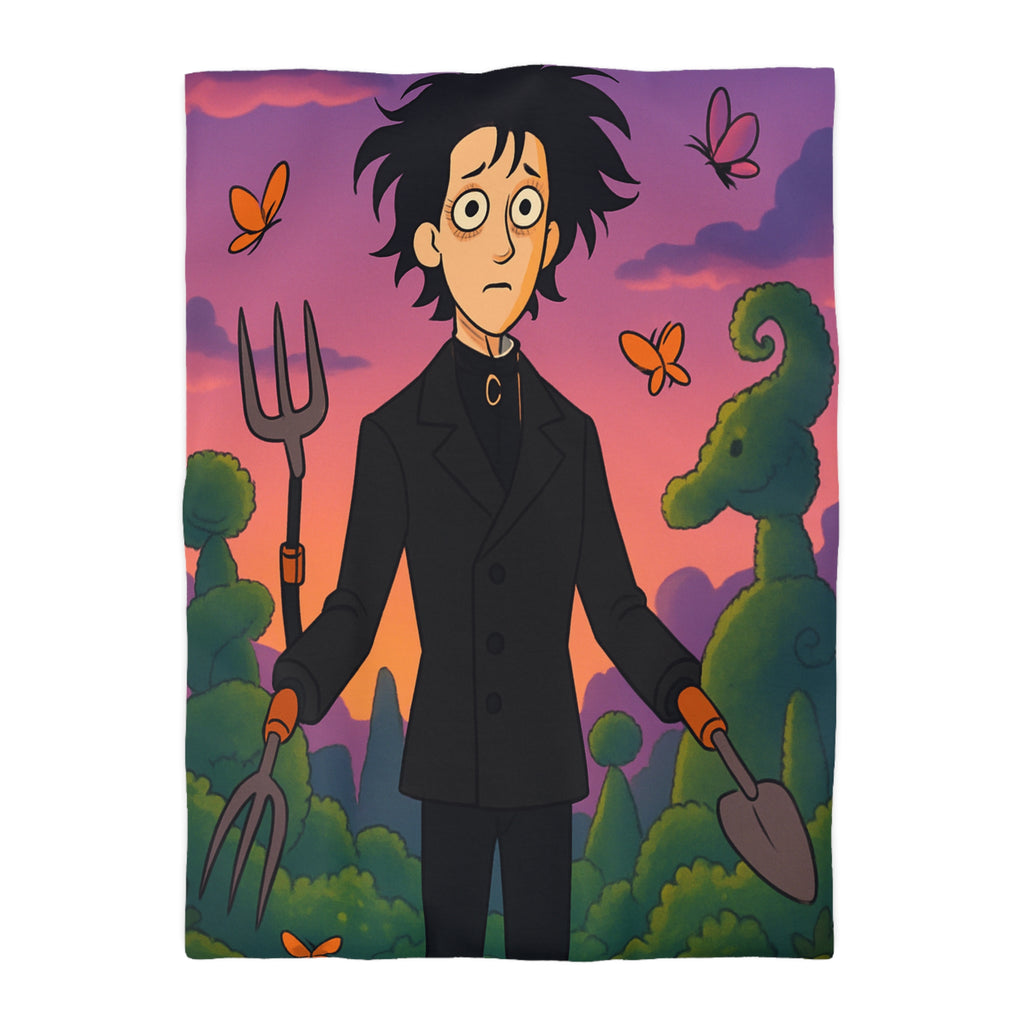 Housse de couette stylée avec personnage rêveur, jardin magique et papillons colorés