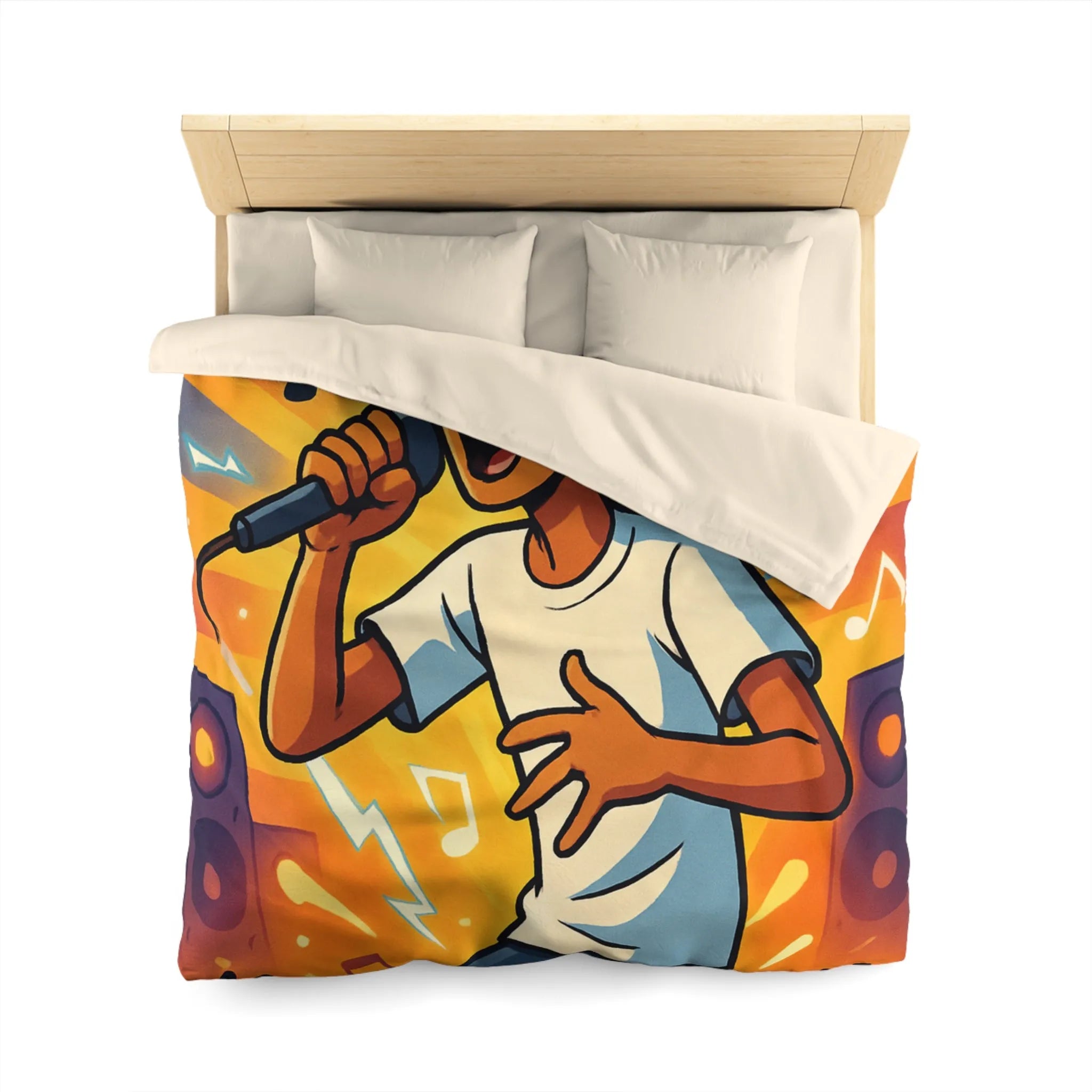 Housse de couette ambiance concert urbain avec chanteur et éclairs musicaux colorés