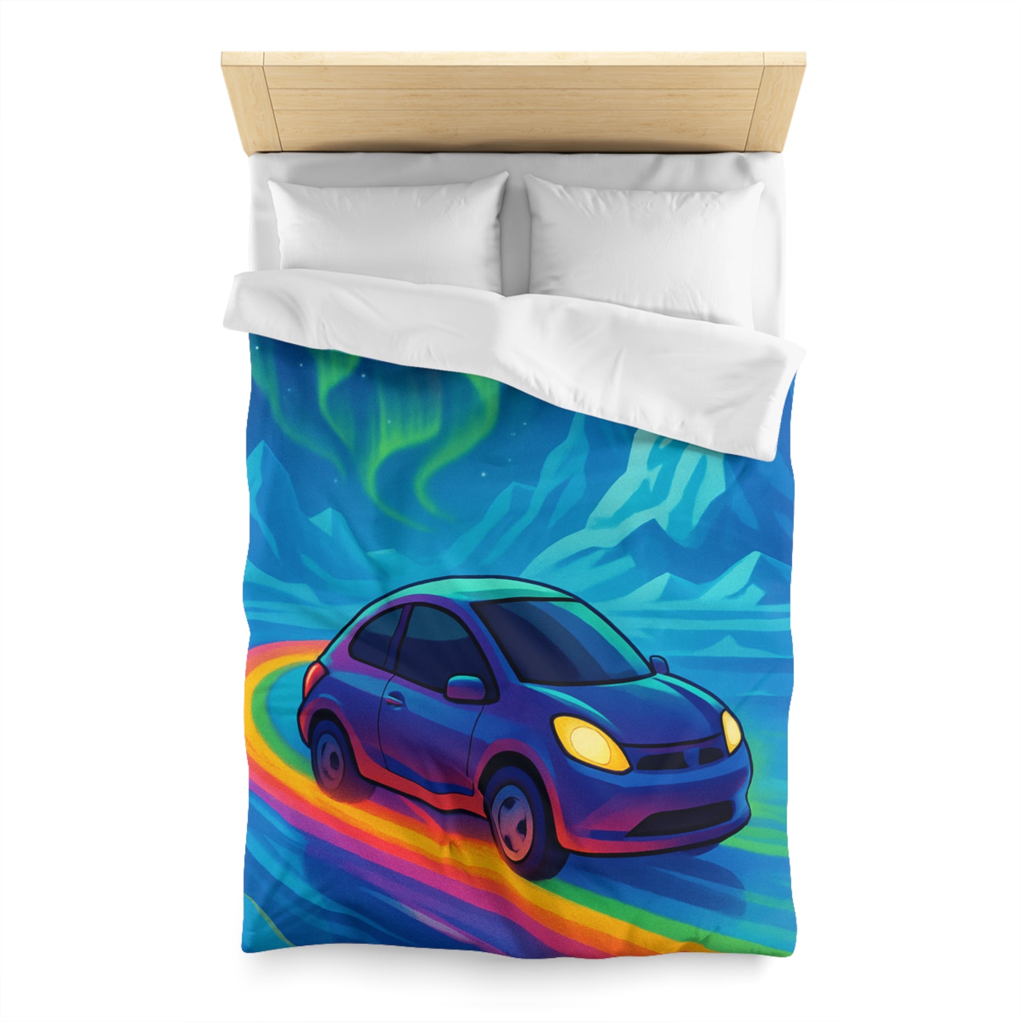 Housse de couette paysage polaire voiture et aurore boréale en couleurs éclatantes