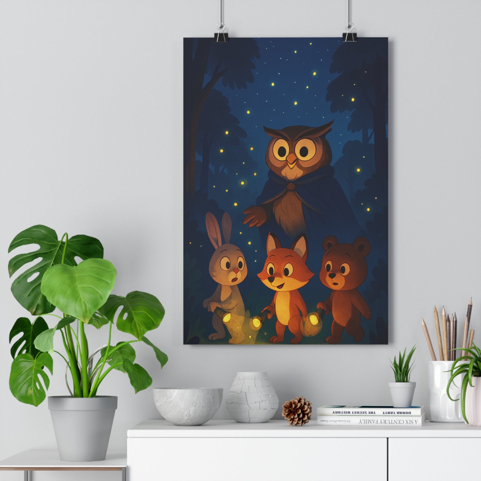 Poster décoratif nocturne bleu nuit étoiles forêt mystique chambre enfant mural magique hibou animaux