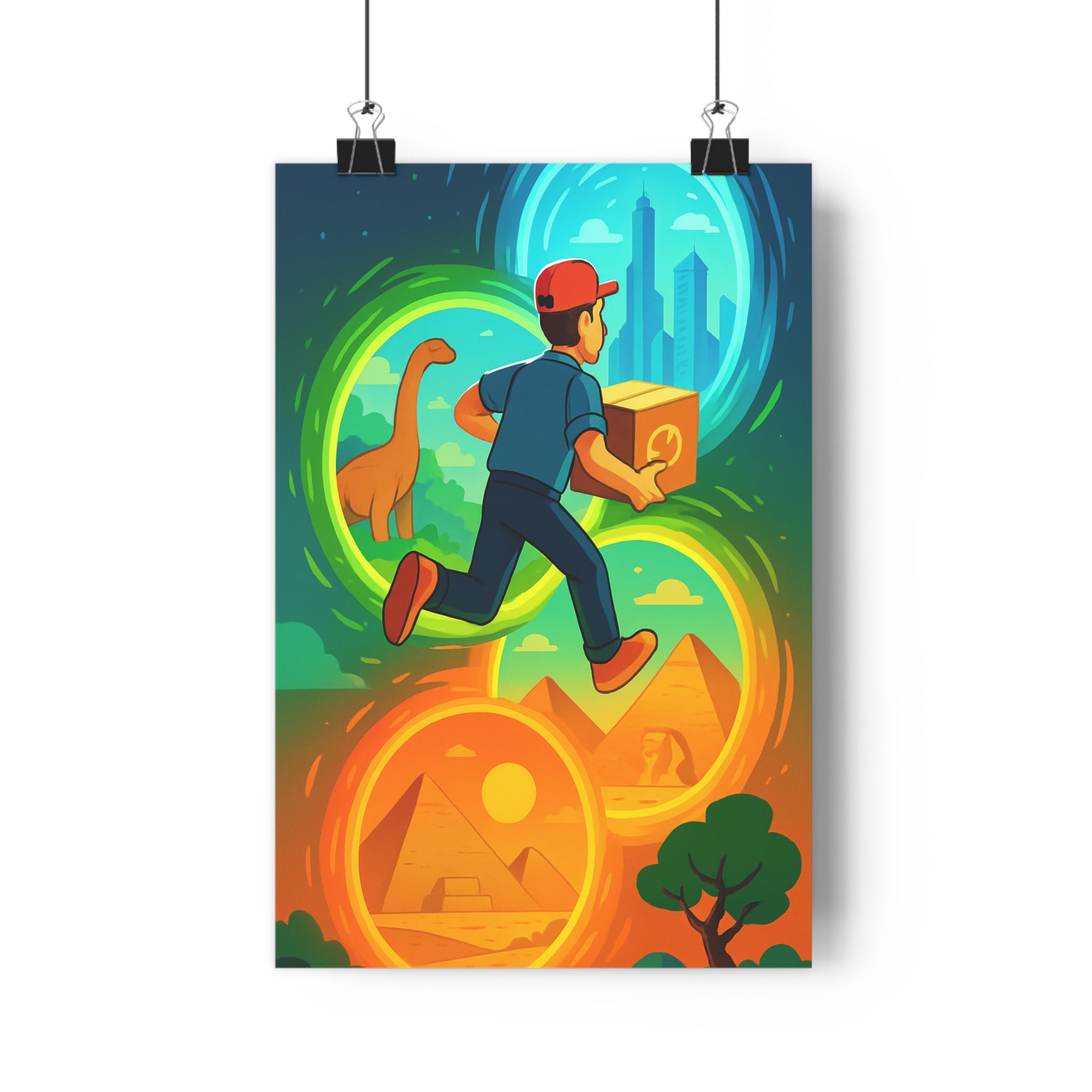 Poster décoratif cartoon aventure bleu vert orange salon chambre enfant tendance ludique unique vintage