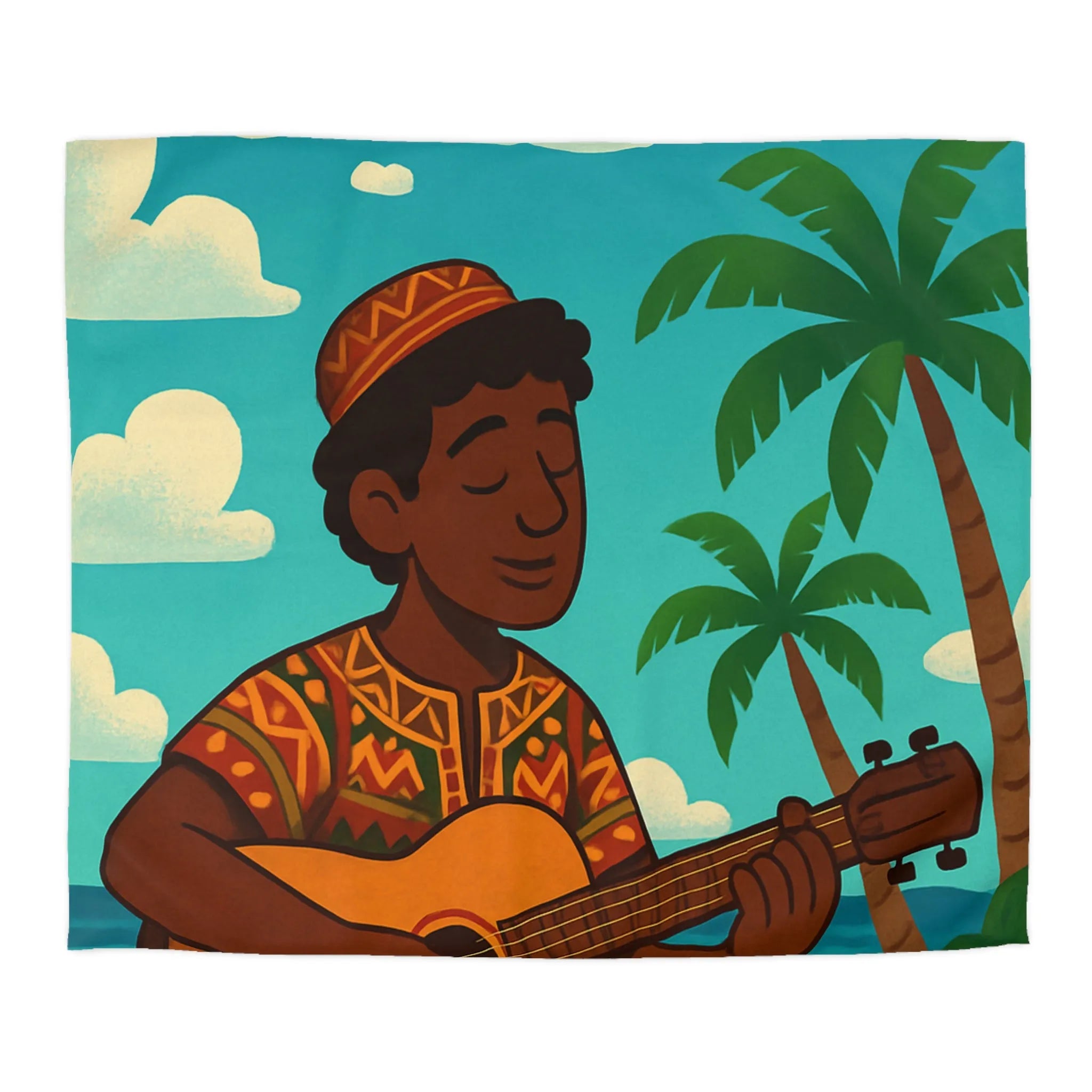 Housse de couette illustrée avec musicien joyeux sous les palmiers en bord de mer
