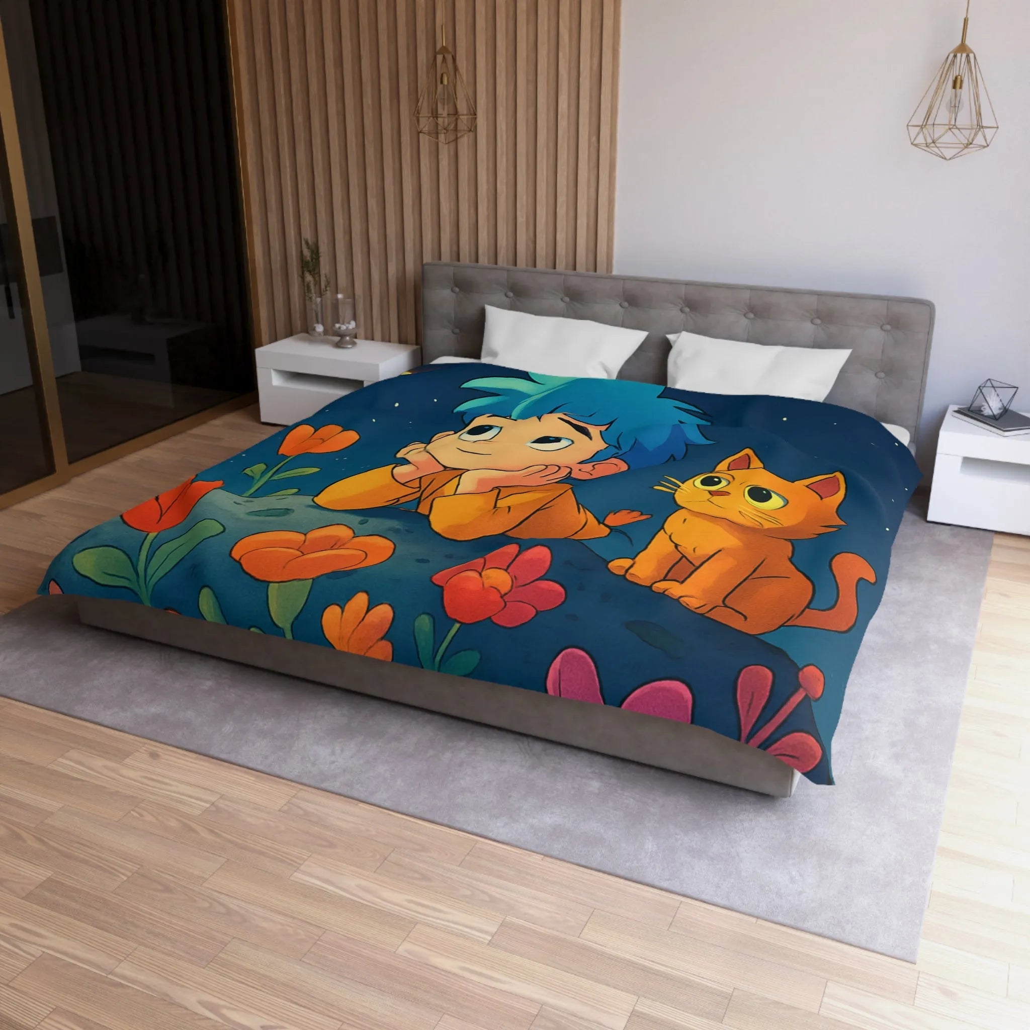 Housse de Couette Enfant Émerveillé Observant Papillons Lumineux sous Ciel Étoilé