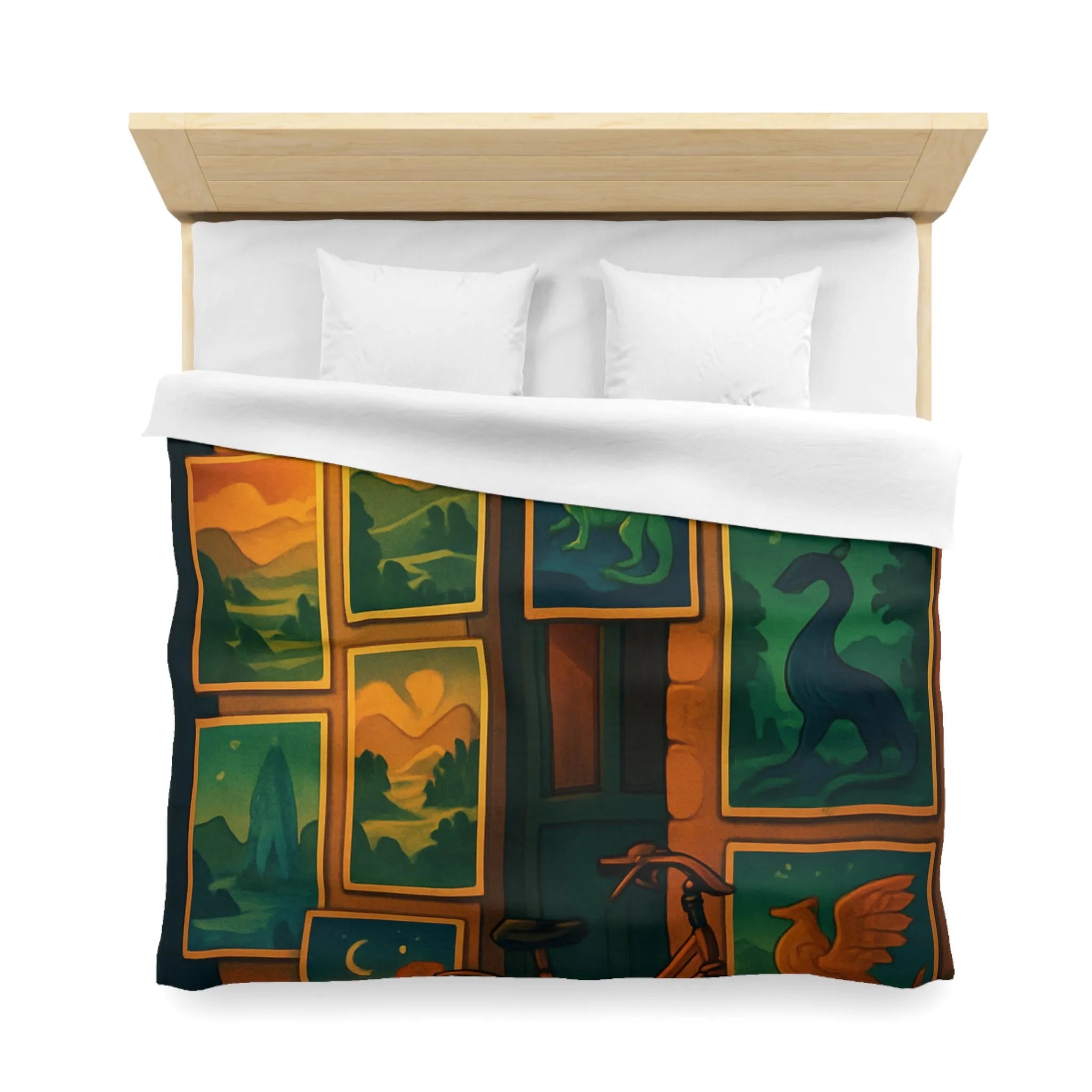 Housse de couette artistique avec dragons mythiques et paysage nocturne, ambiance mystérieuse