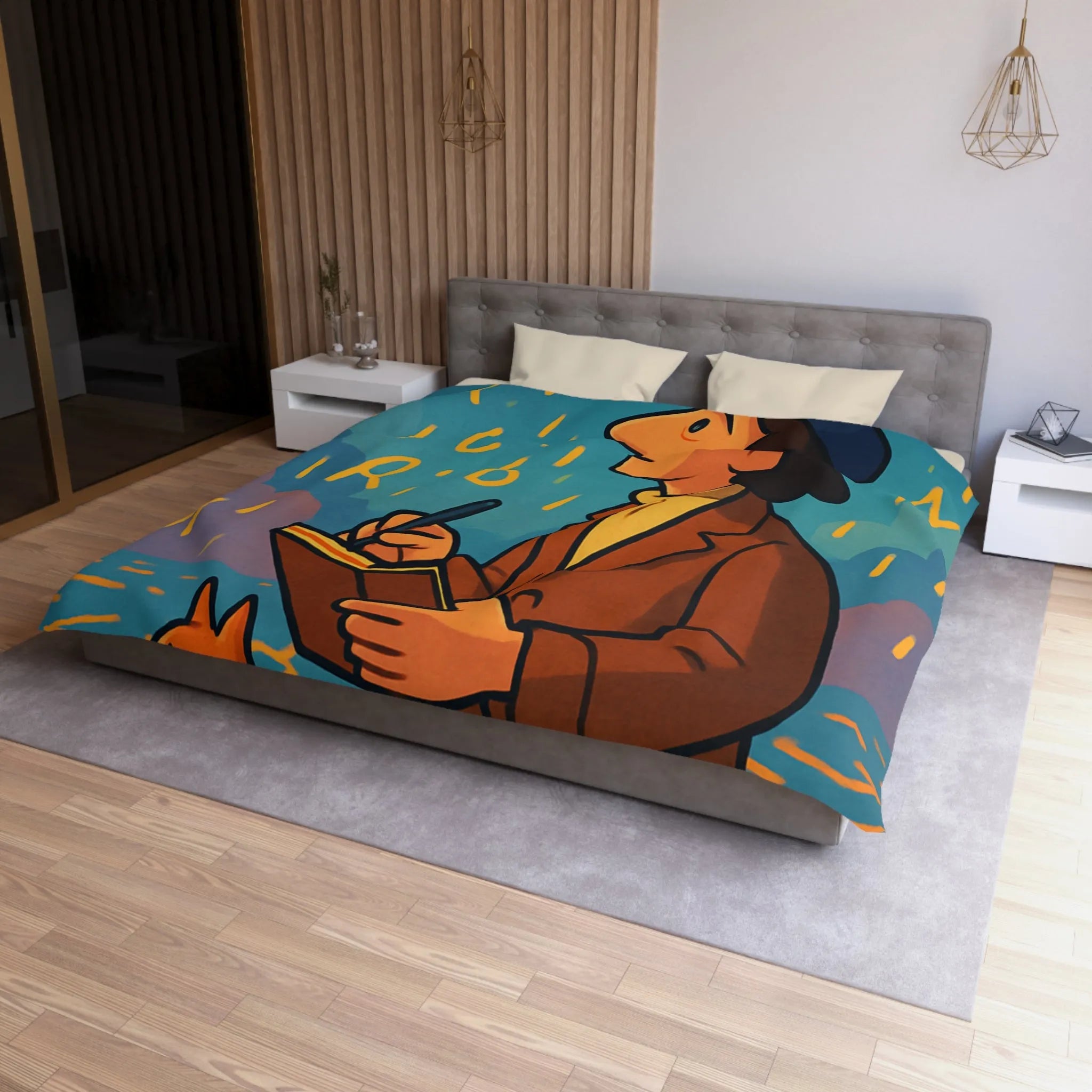 Housse de Couette Artiste Rêveur avec Chat et Pluie de Lettres Colorées
