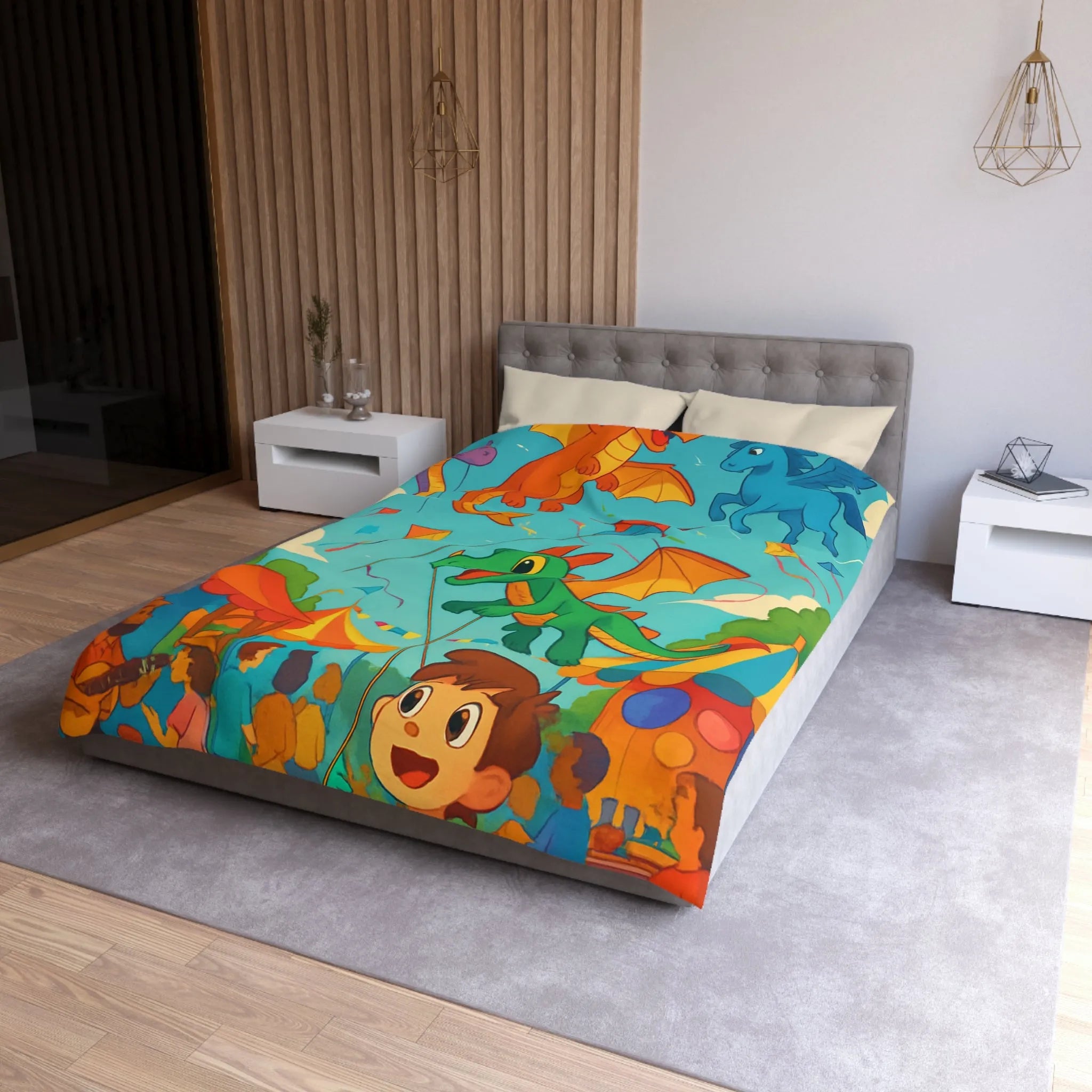 Envolée de cerfs-volants dragons et licorne sous un ciel bleu auberge festival