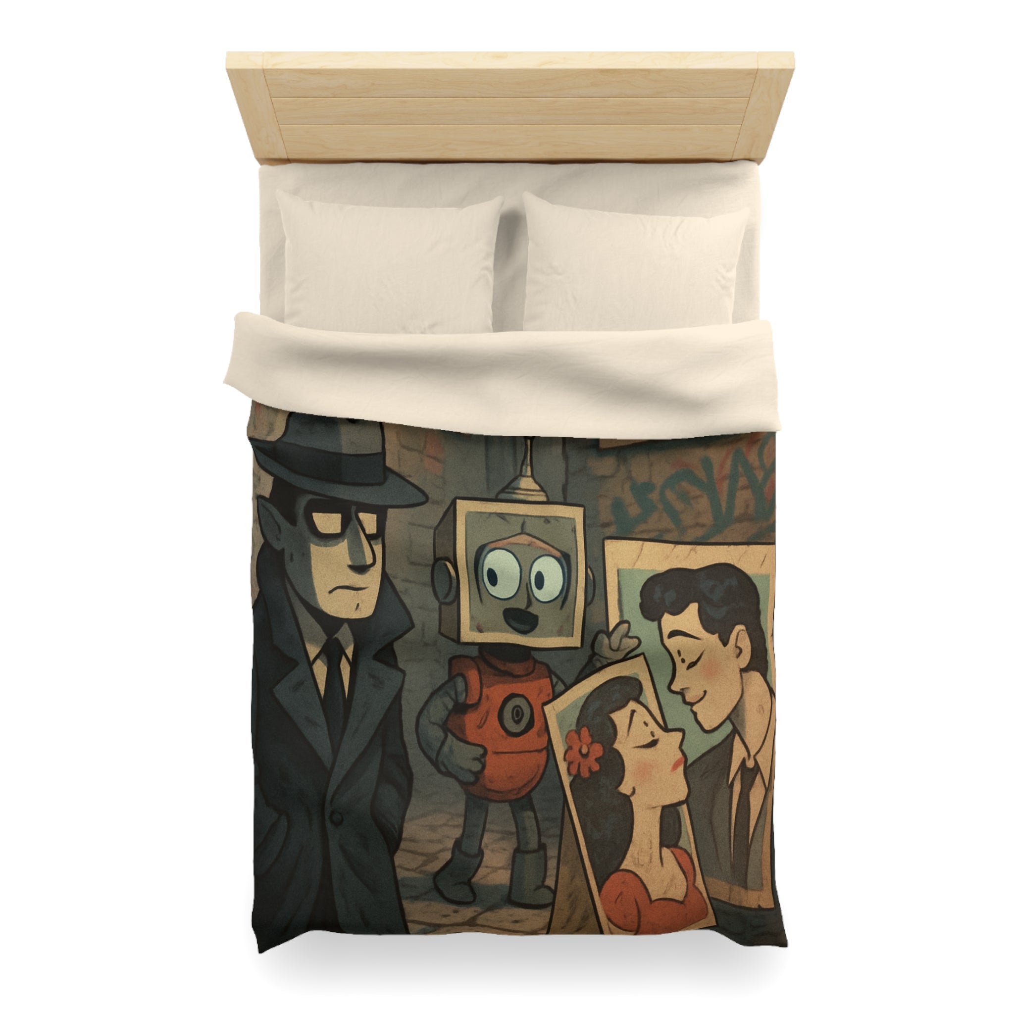 Housse de couette rétro robot vintage, style pop art, ambiance urbaine et romantique
