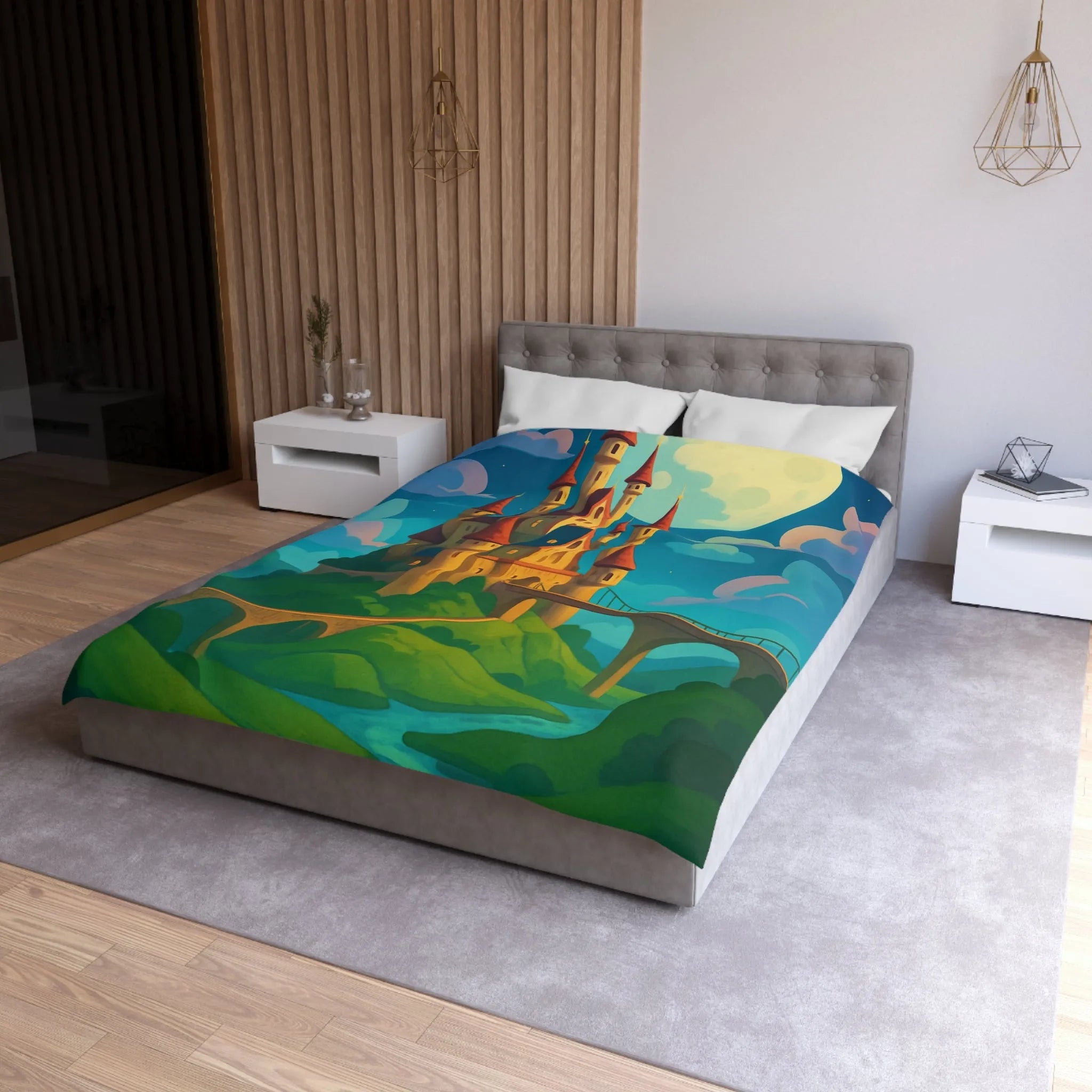 Housse de couette château féerique illuminé par la lune dans un paysage enchanteur nocturne