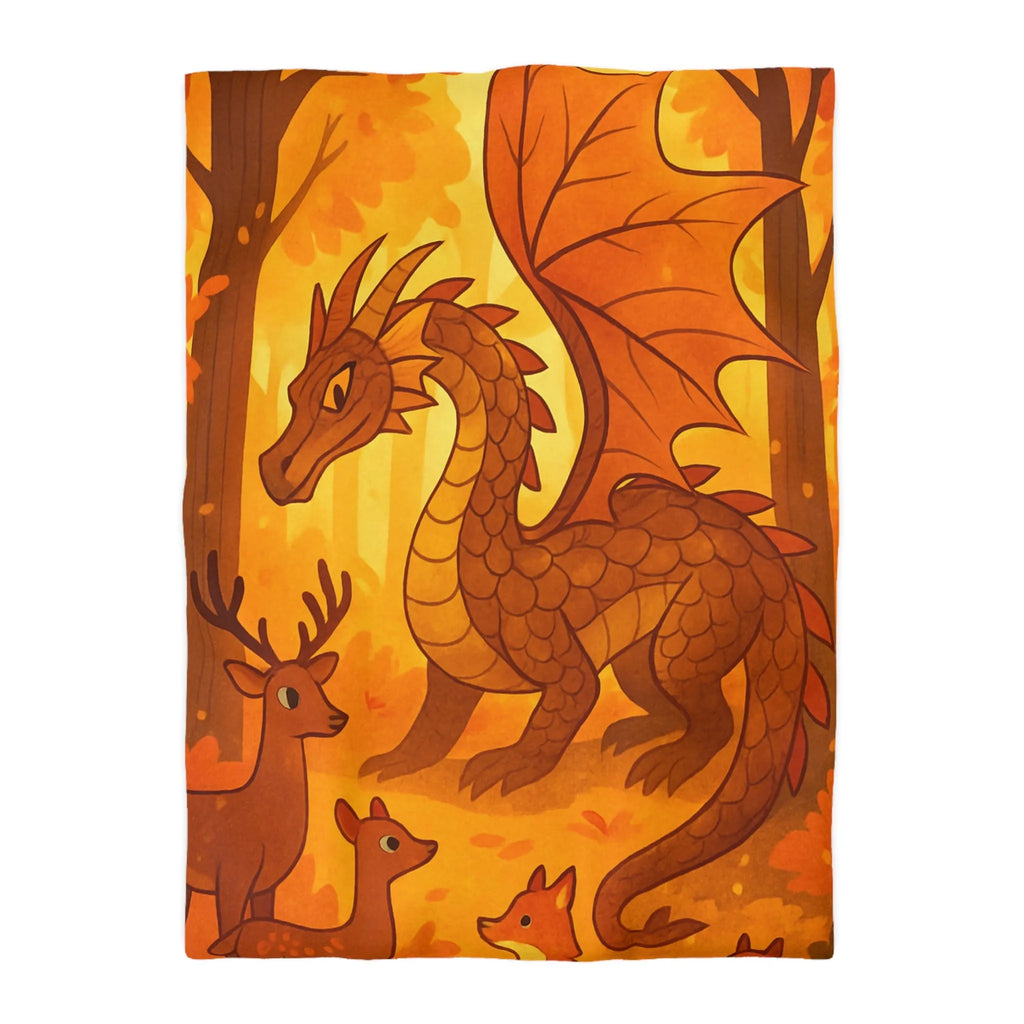 Housse de couette dragon feuille automne avec renards et cerfs en forêt magique