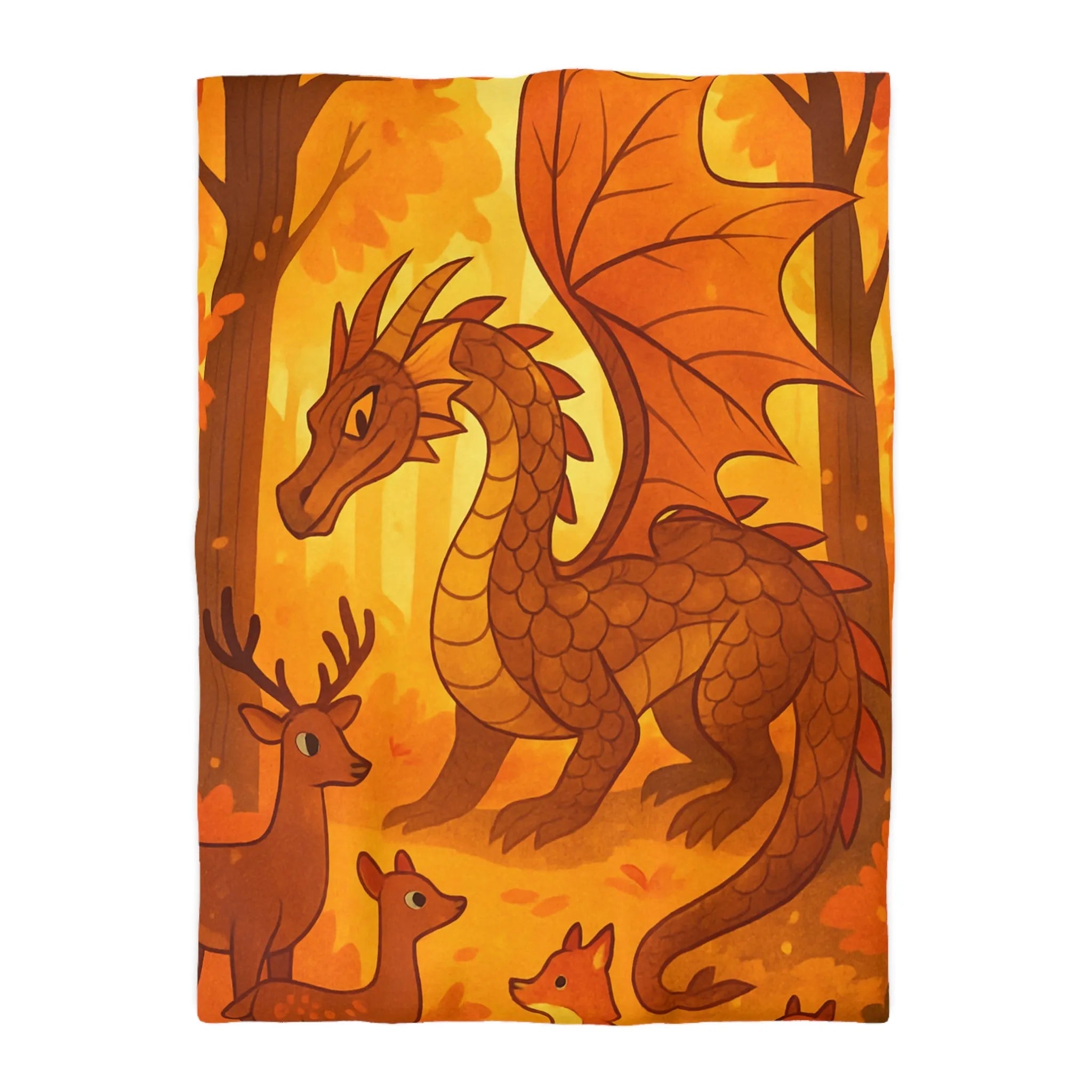 Housse de couette dragon feuille automne avec renards et cerfs en forêt magique