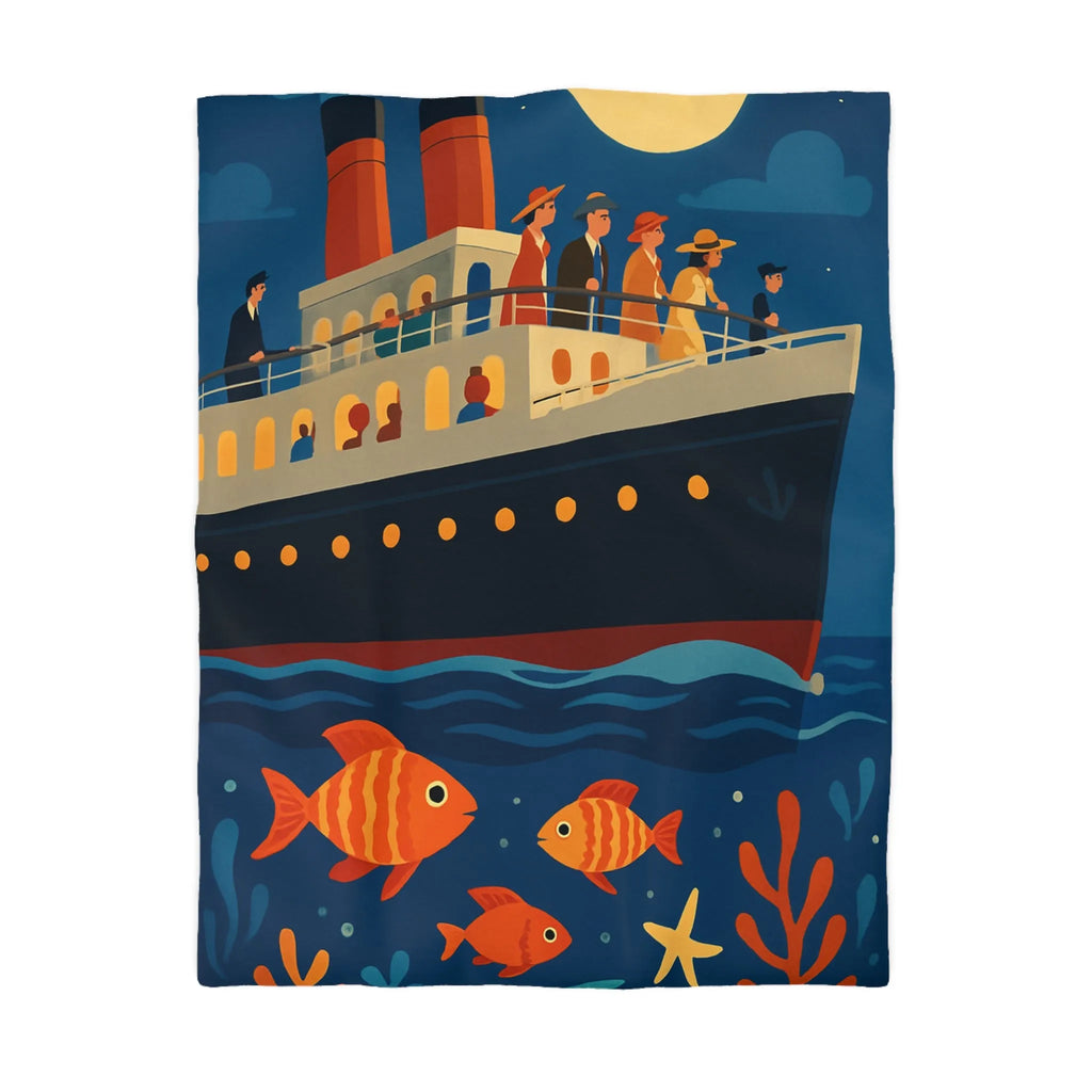 Housse de couette bateau rétro, poissons colorés, ambiance marine, nuit étoilée