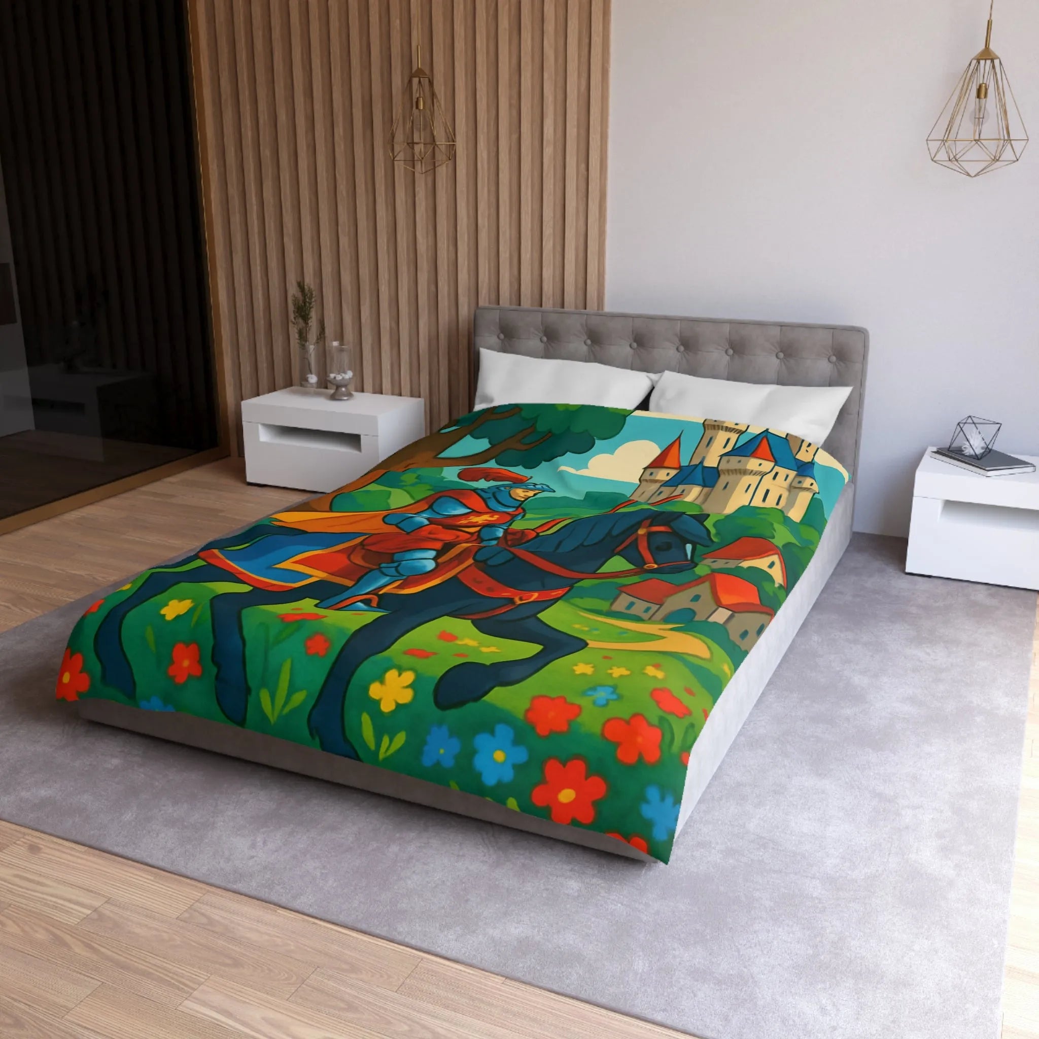 Housse de couette chevalier médiéval illustrée avec château et paysage floral vibrant