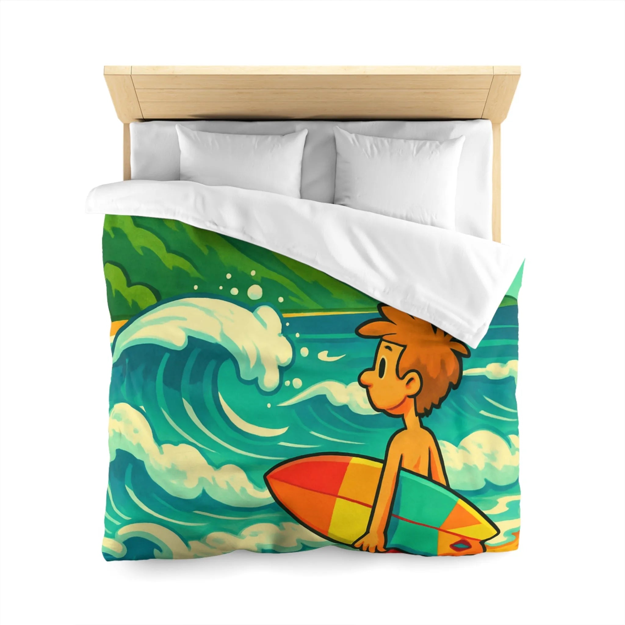 Housse de couette avec dessin coloré de plage pour enfants et surfeur