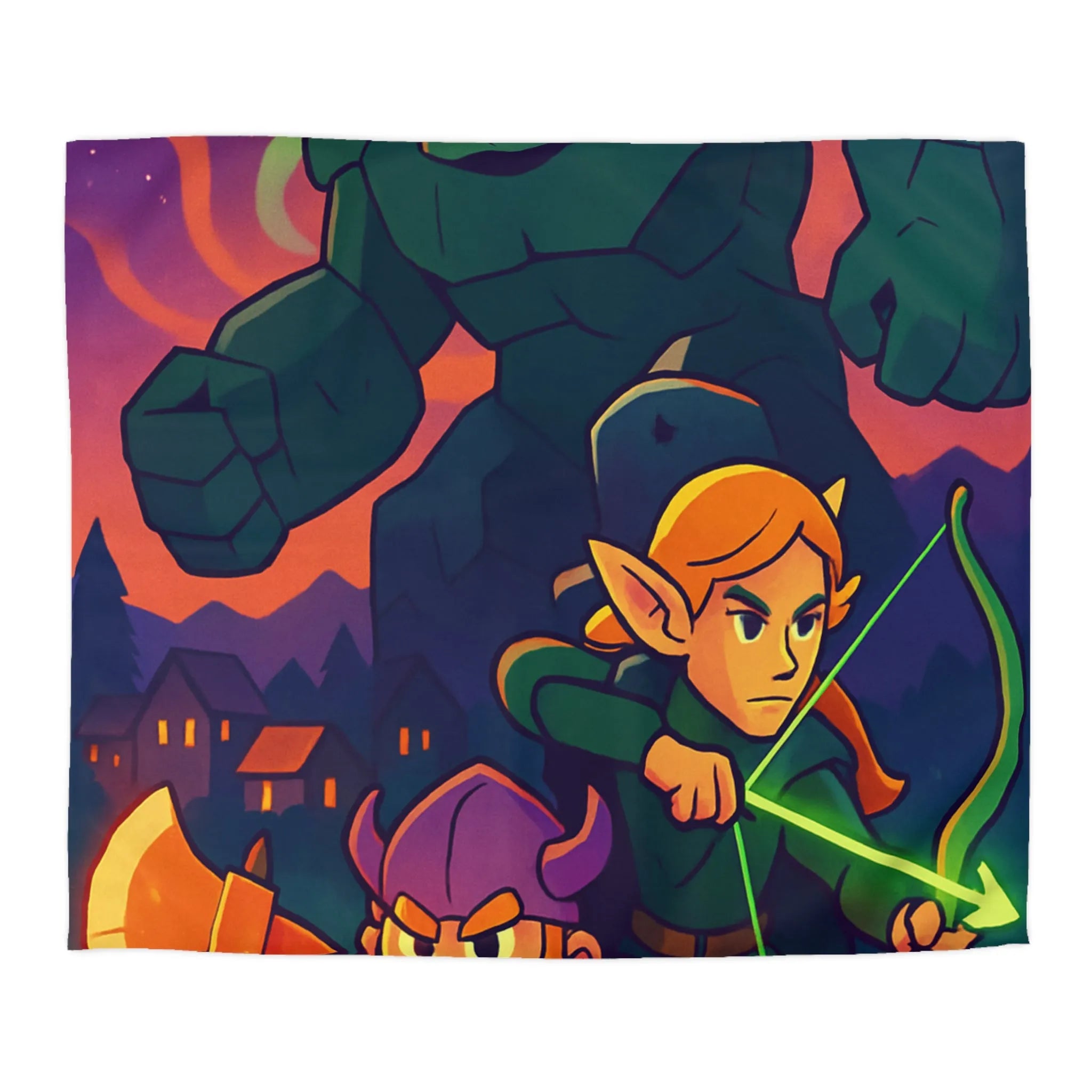 Housse de Couette Fantastique avec Guerrier, Archer et Golem sous Aurores Boréales Éclatantes