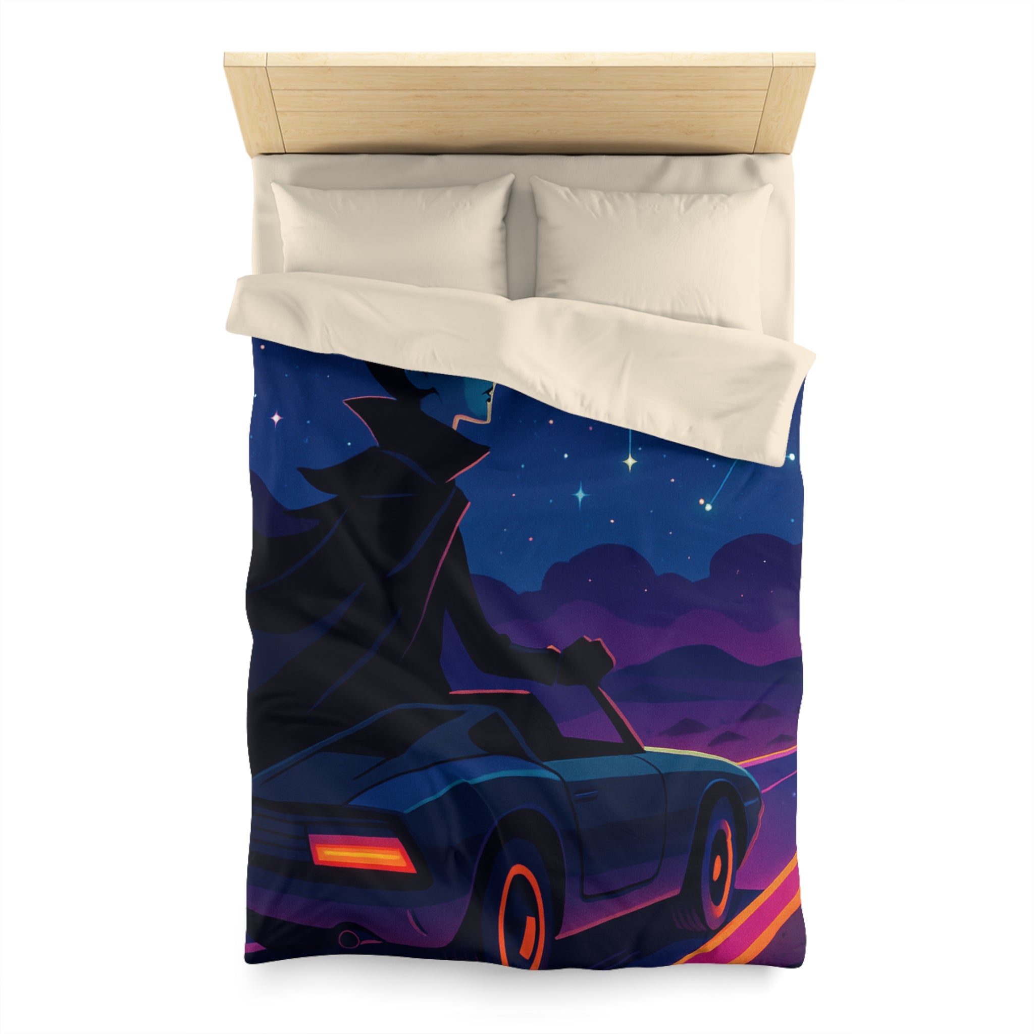 Housse de couette rétro avec constellations et voiture sous ciel étoilé et planète