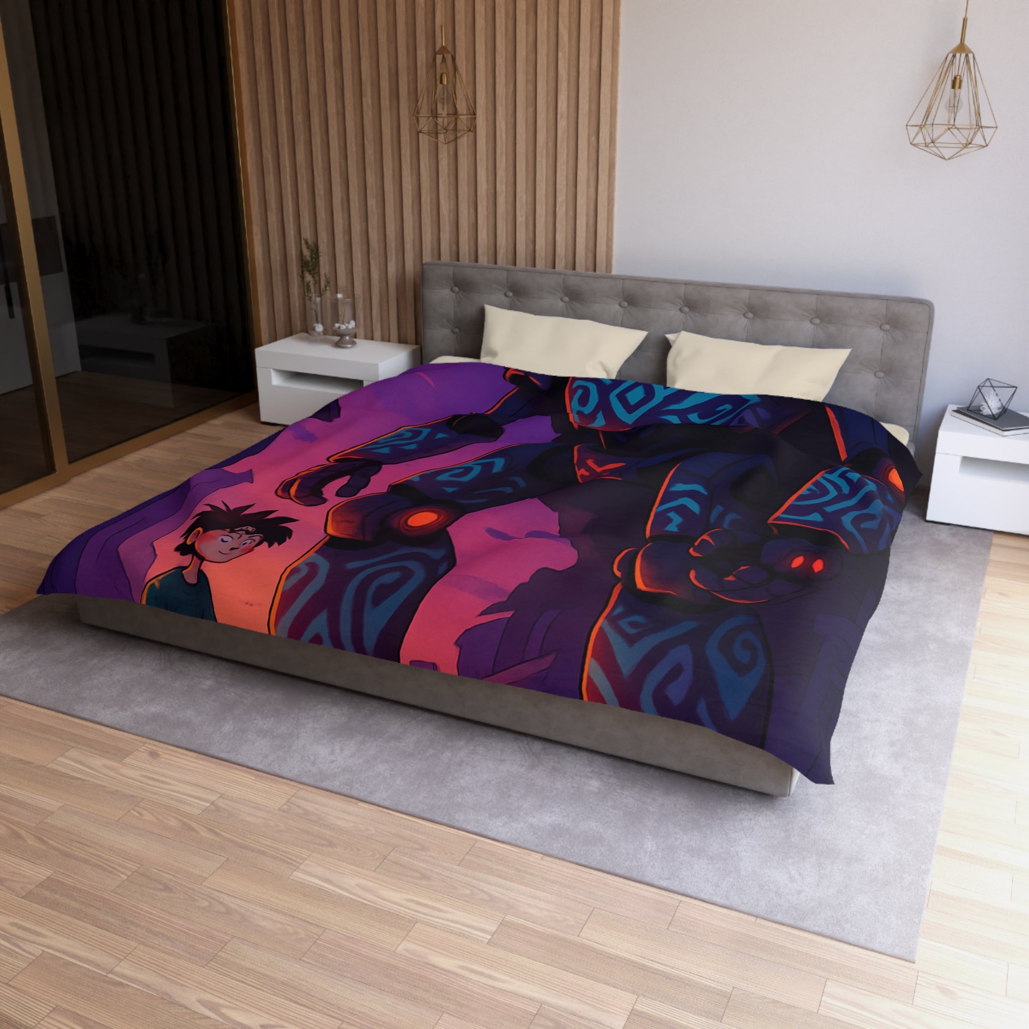 Housse de couette robot géant bleu lumineux, décor urbain vibrant et enfant émerveillé