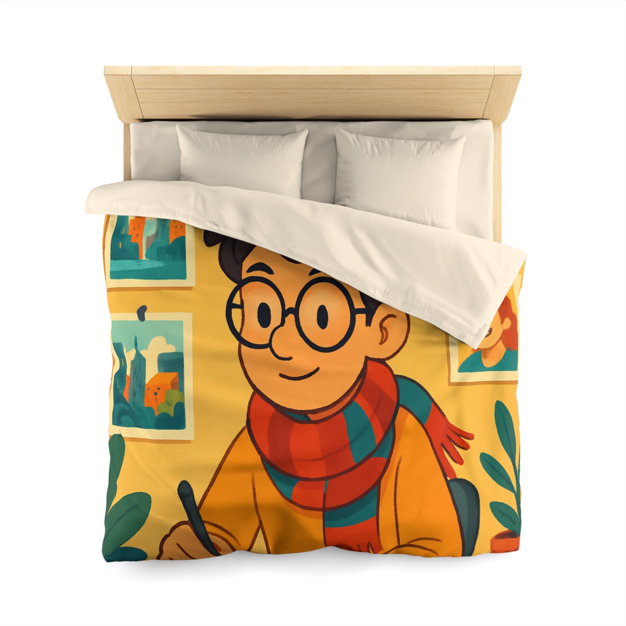 Housse de couette moderne avec illustrations colorées d'artiste travaillant dans un studio créatif