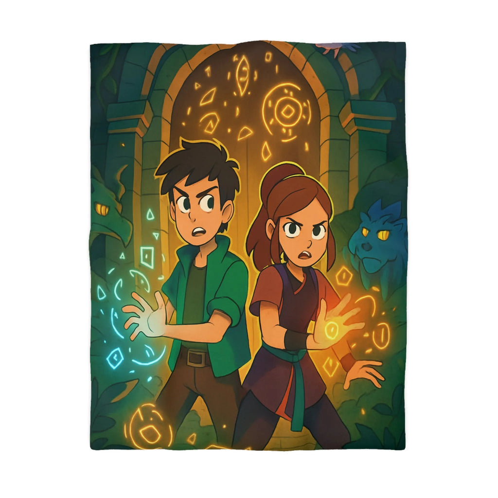 Housse de Couette Magique avec Enfants et Symboles Lumineux Devant un Portail Mystique