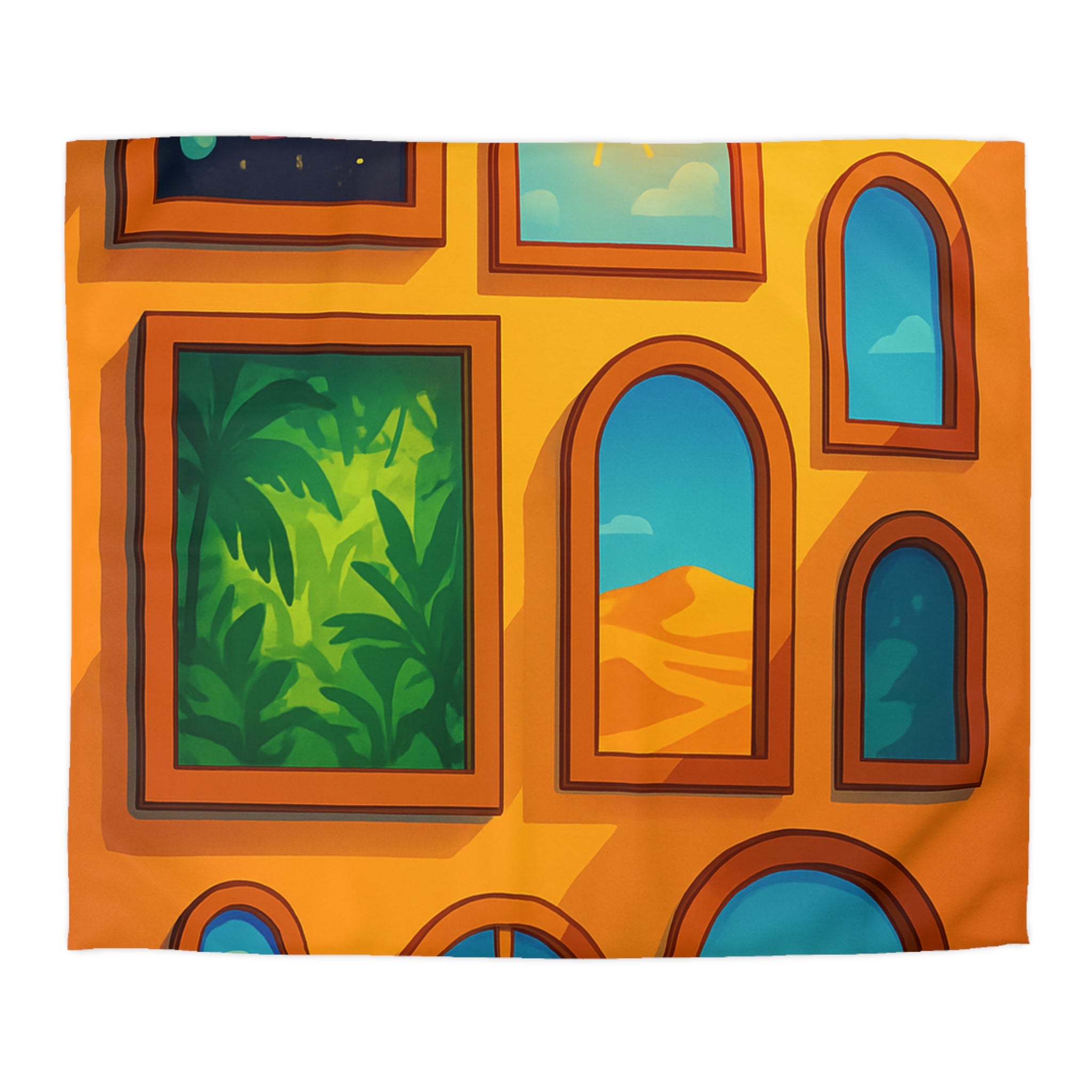 Housse de couette vibrante avec fenêtres sur l'univers et paysages exotiques