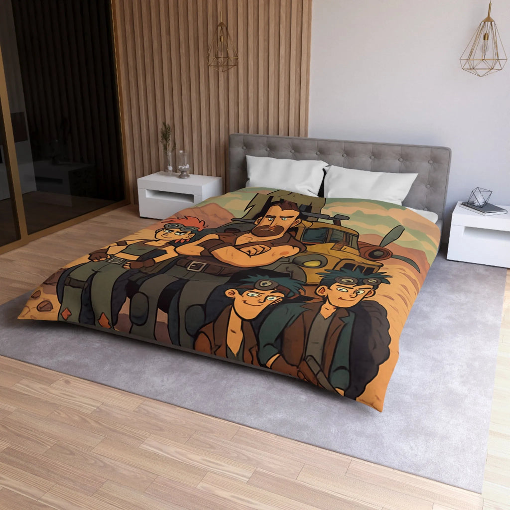 Housse de couette aventure désertique avec personnages et véhicule, style post-apocalyptique