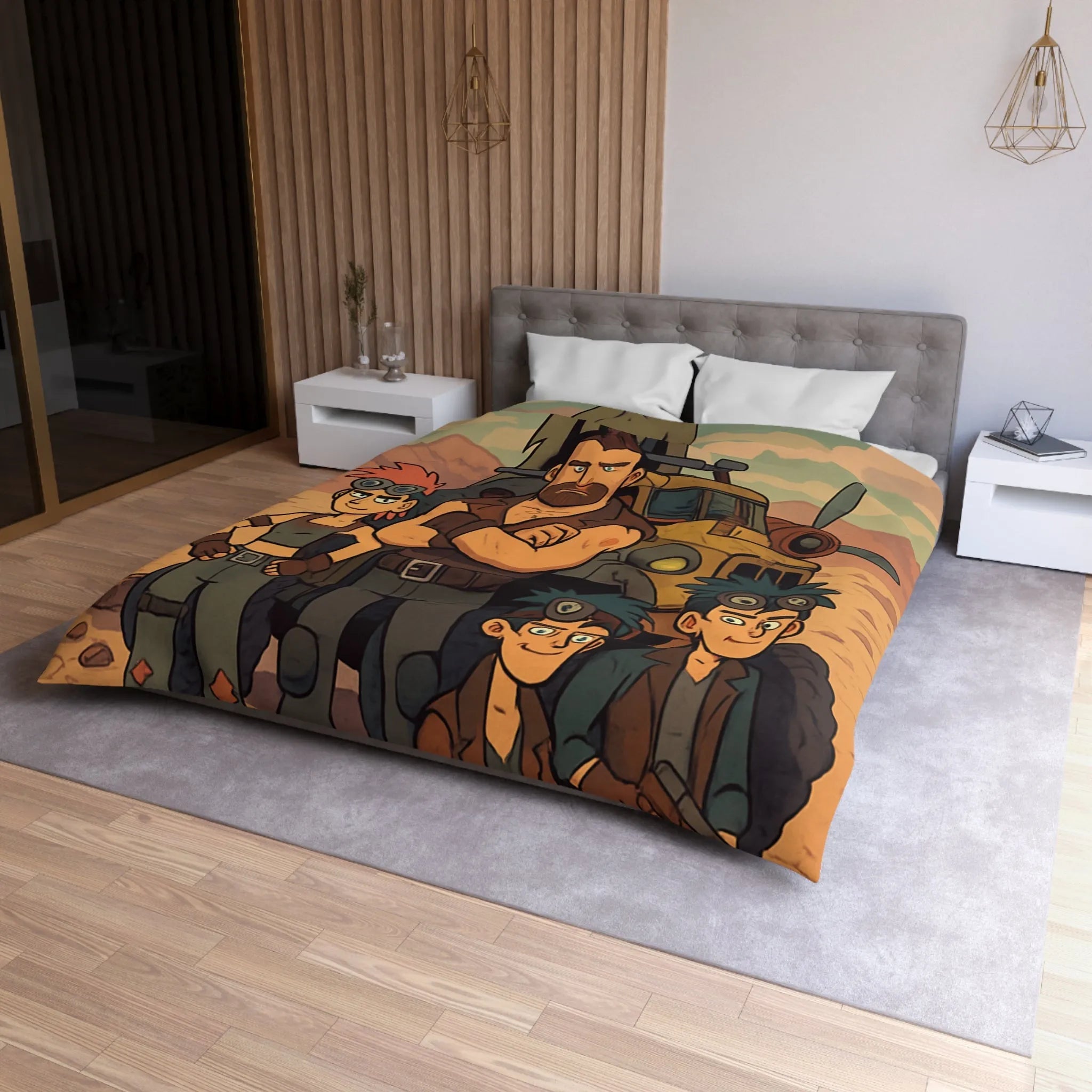 Housse de couette aventure désertique avec personnages et véhicule, style post-apocalyptique