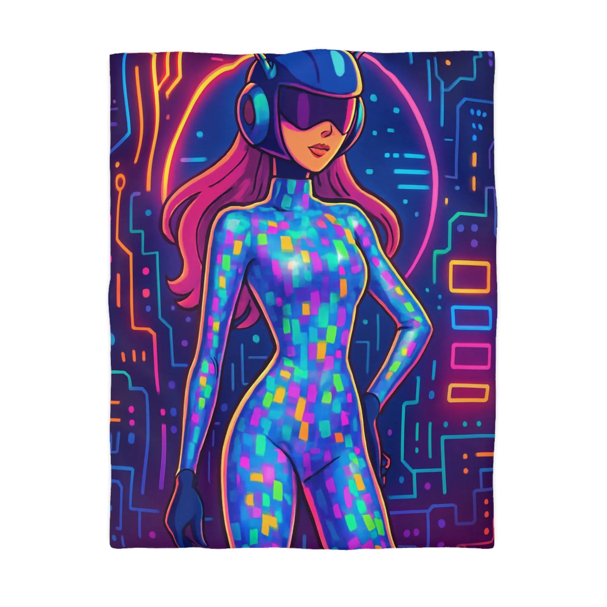 Housse de couette futuriste néon avec motif de femme cyborg colorée et lumineuse