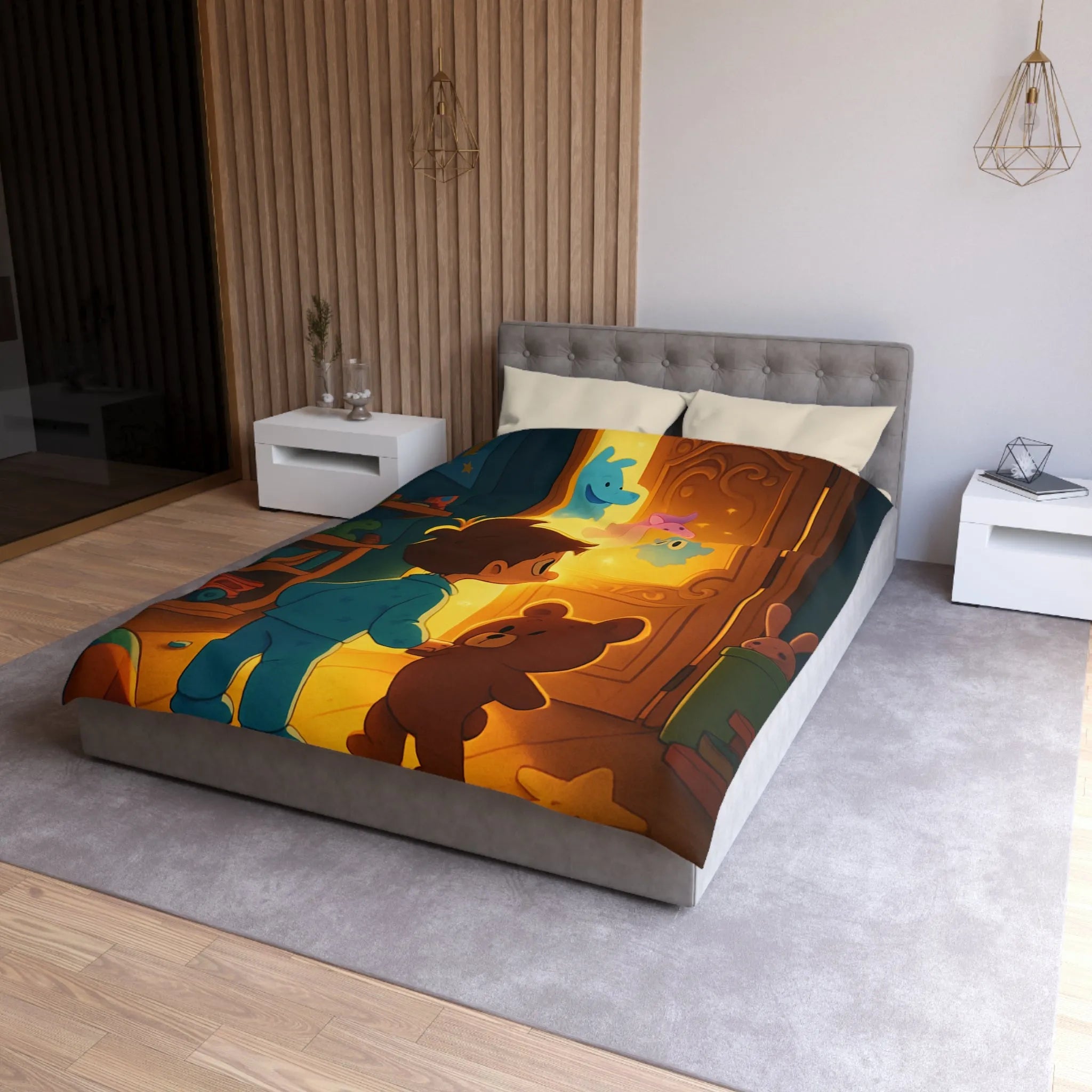 Housse de couette enfant avec motifs lumineux d'animaux magiques en chambre colorée