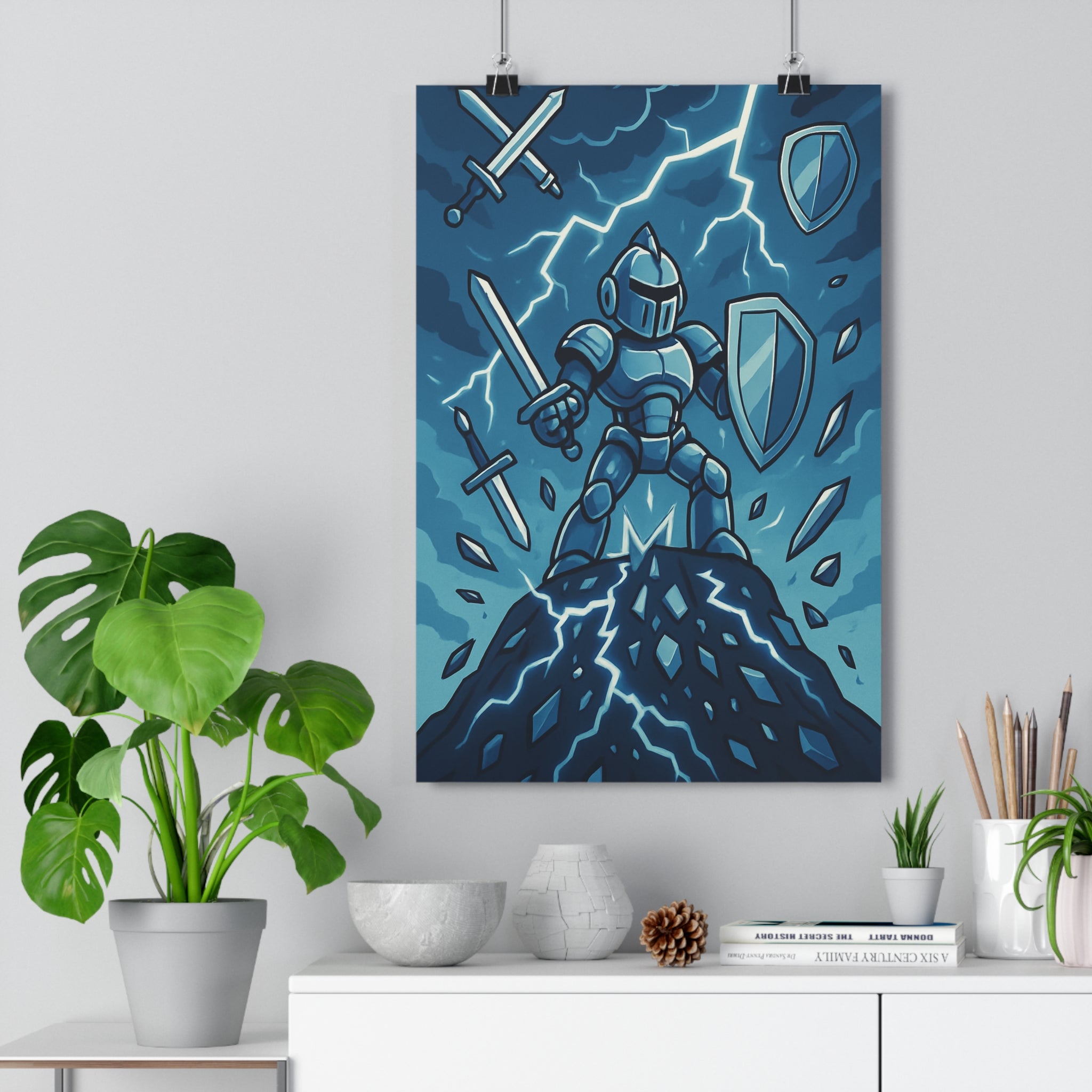 Poster décoratif chevalier bleu cartoon épique futuriste chambre bureau intense éclairs fer 30x46 qualité