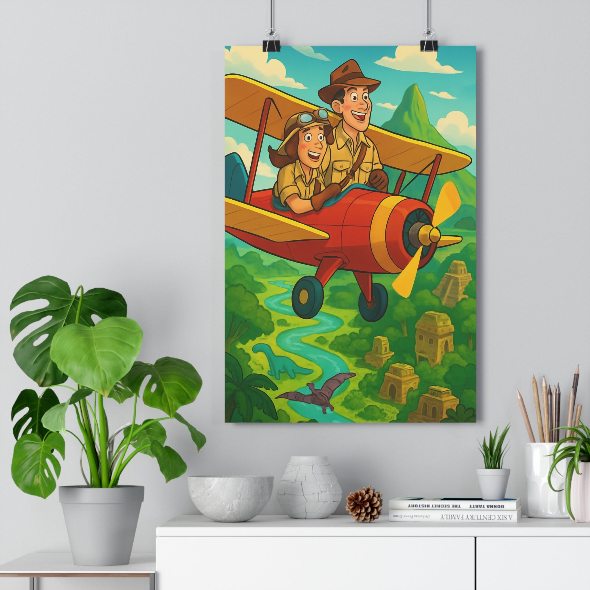 Poster décoratif aventure cartoon rouge bleu chambre enfant joyeux vibrant jungle exploration exotique vintage