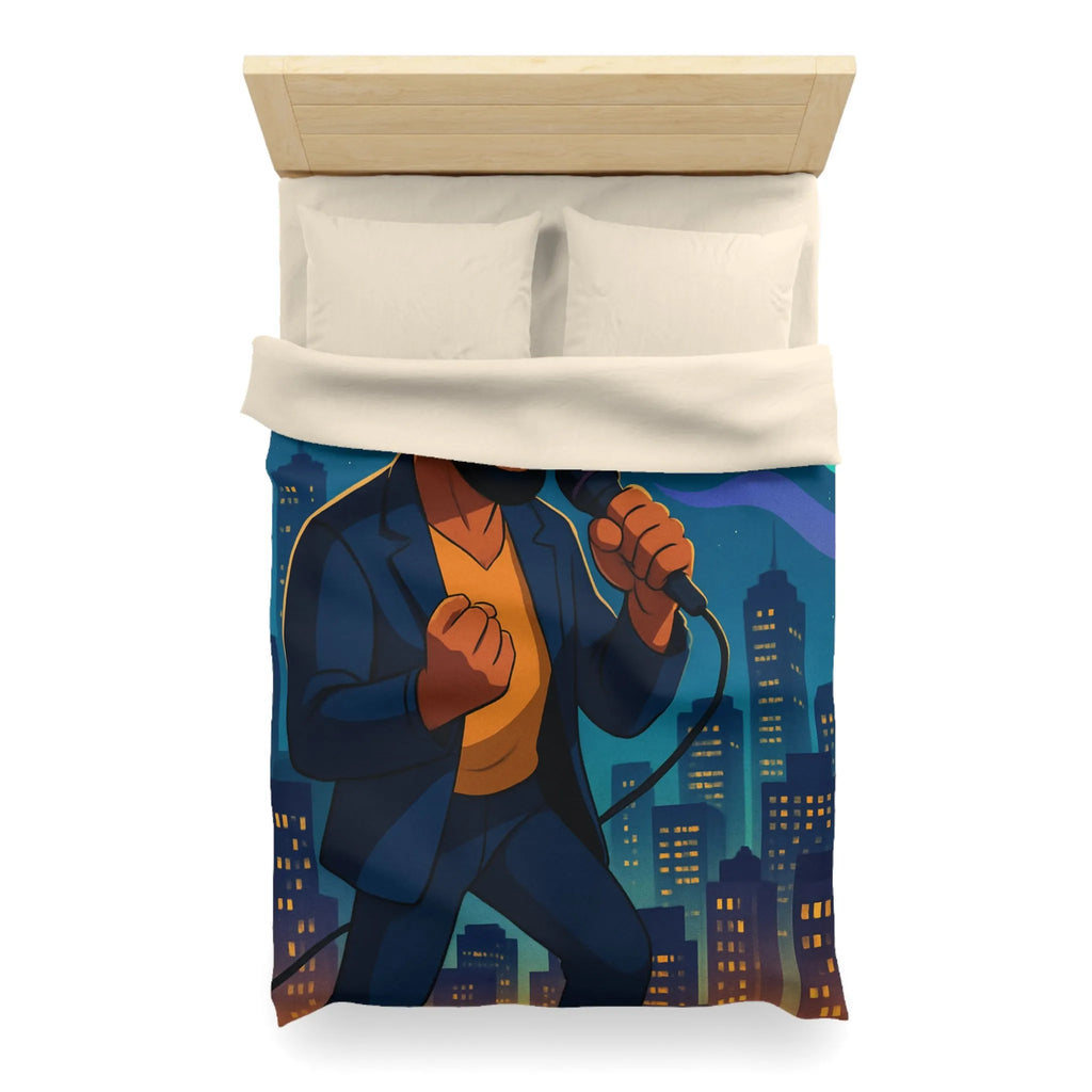 Housse de couette artistique : chanteur vibrant avec coucher de soleil et gratte-ciels