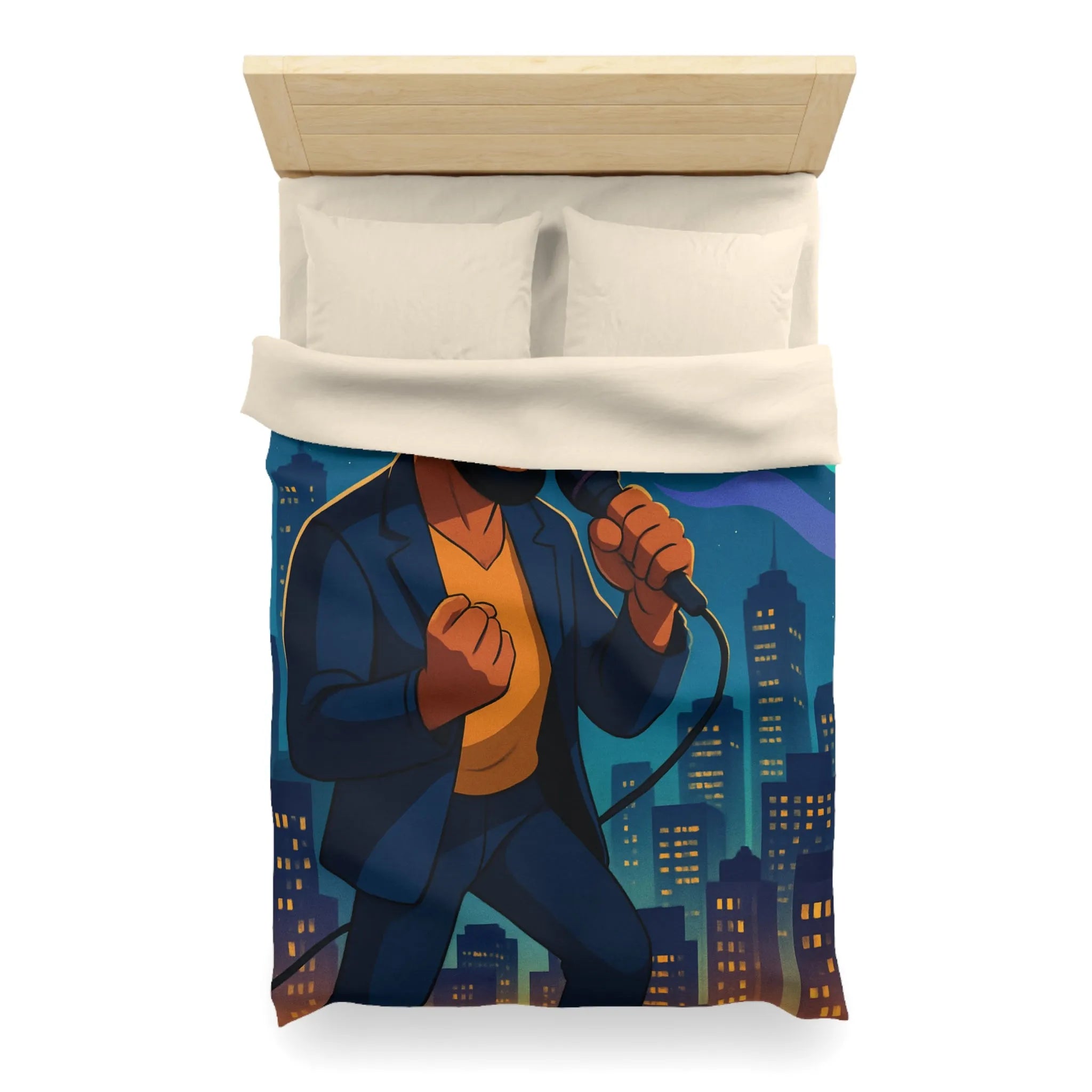 Housse de couette artistique : chanteur vibrant avec coucher de soleil et gratte-ciels