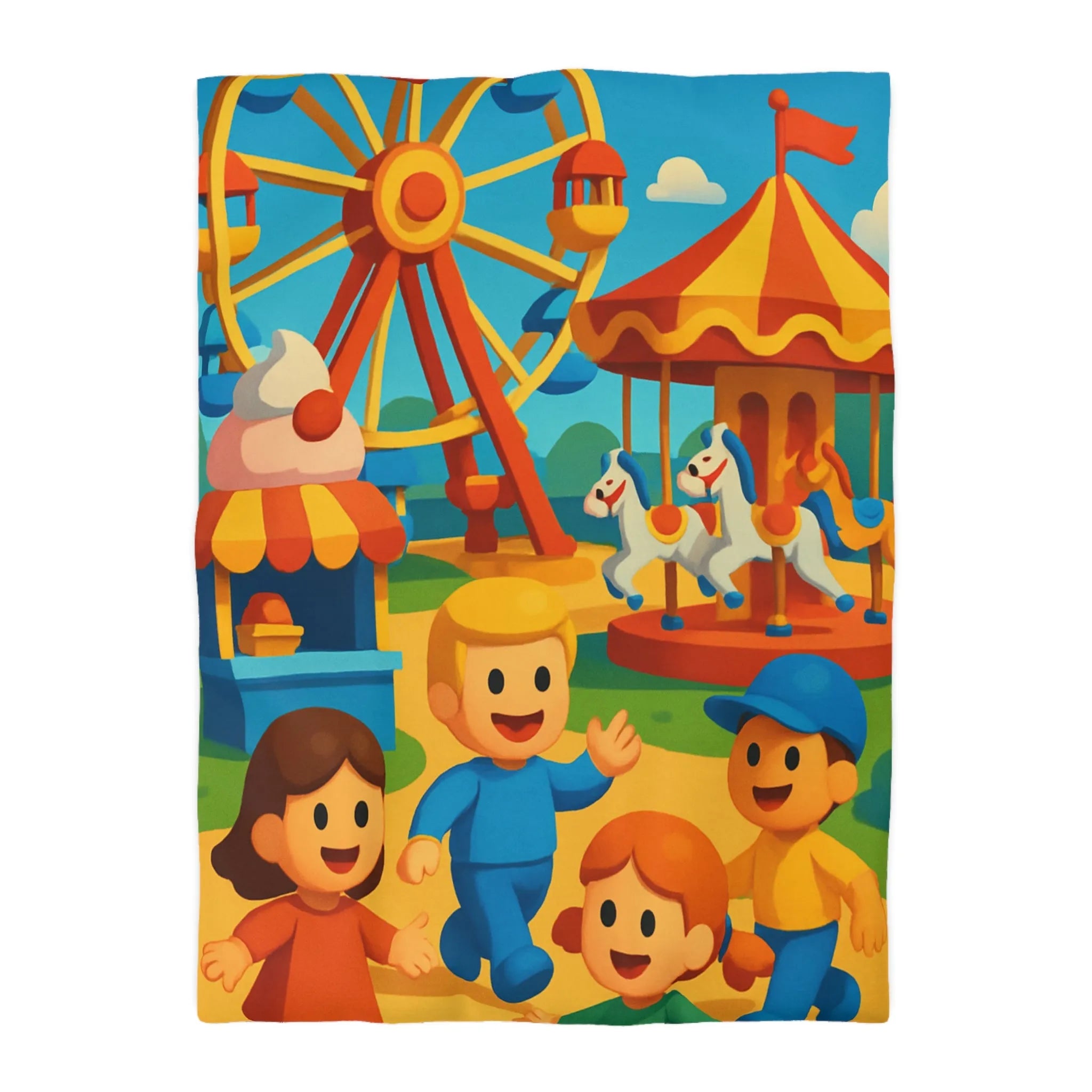 Housse de couette joyeuse avec motifs de fête foraine colorée et enfants souriants