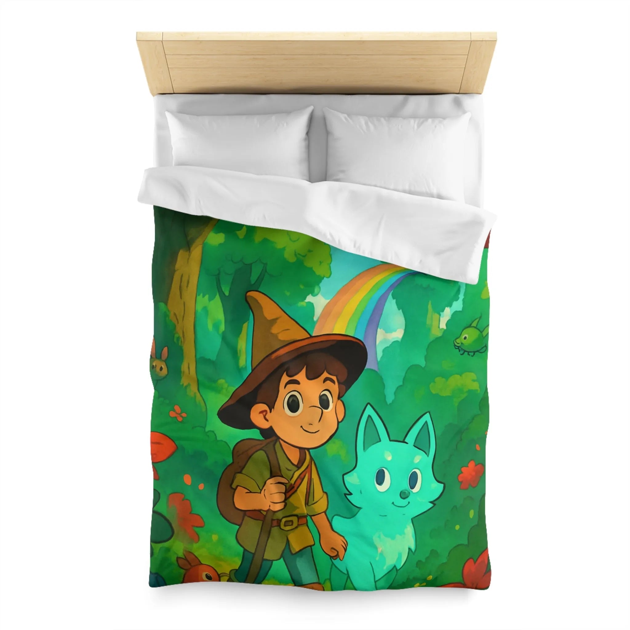 Housse de Couette Enfant avec Petit Sorcier et Animal Magique sous Arc-en-ciel