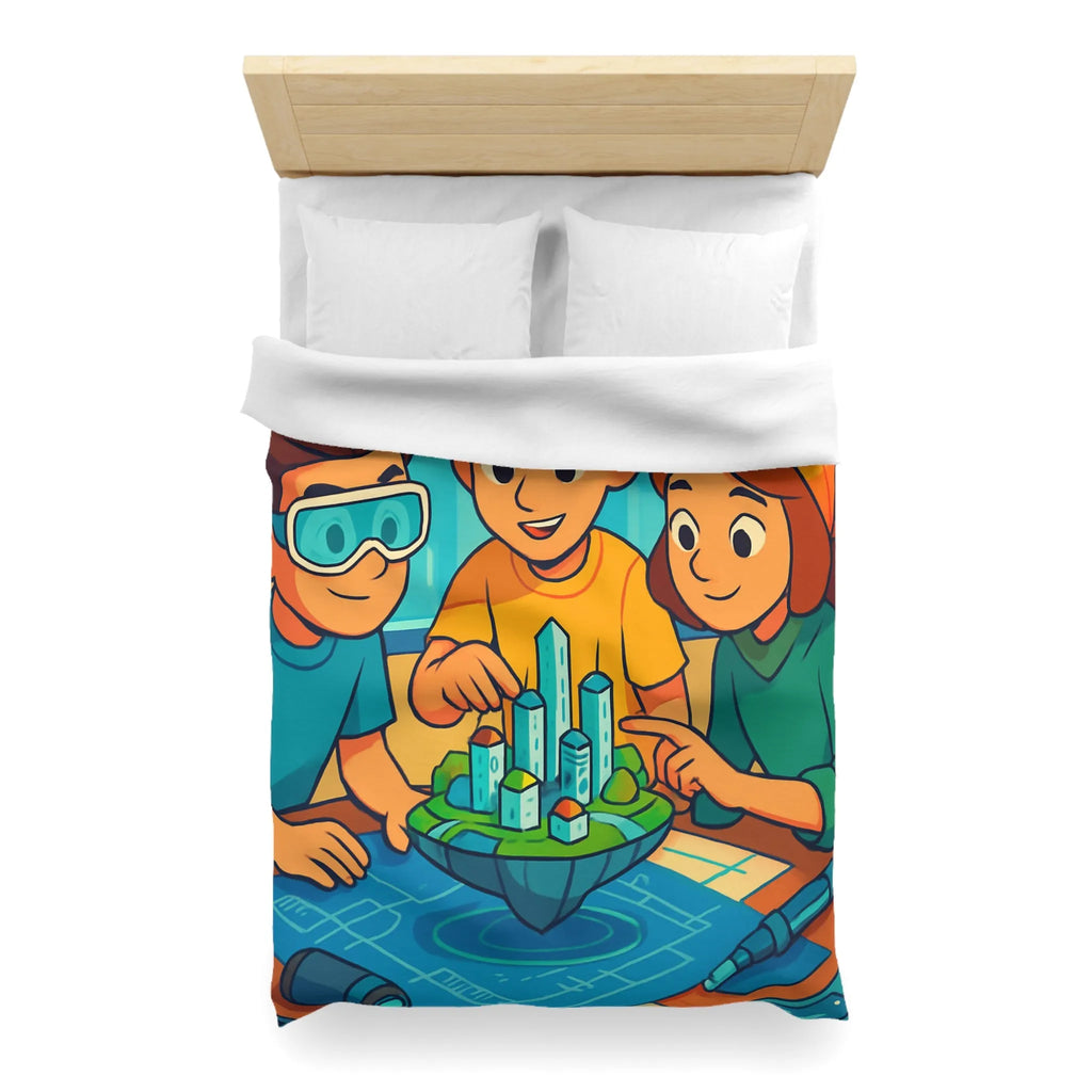 Housse de couette avec design futuriste ludique, enfants explorant une ville miniature colorée