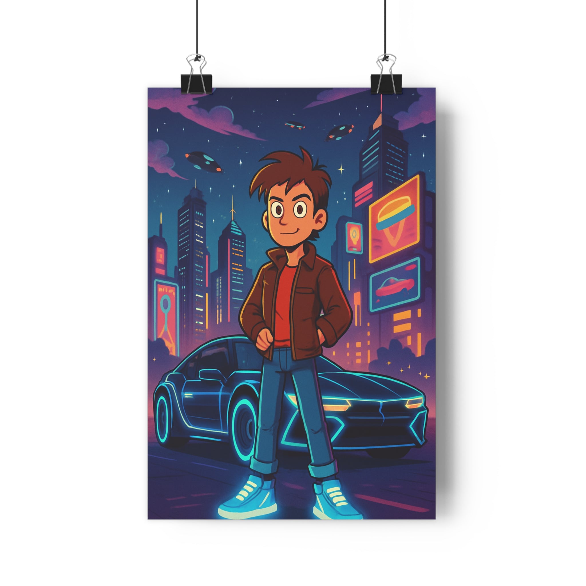 Poster décoratif futuriste néorétro bleu violet animé nostalgique dynamique chambre bureau style 30x46 cm