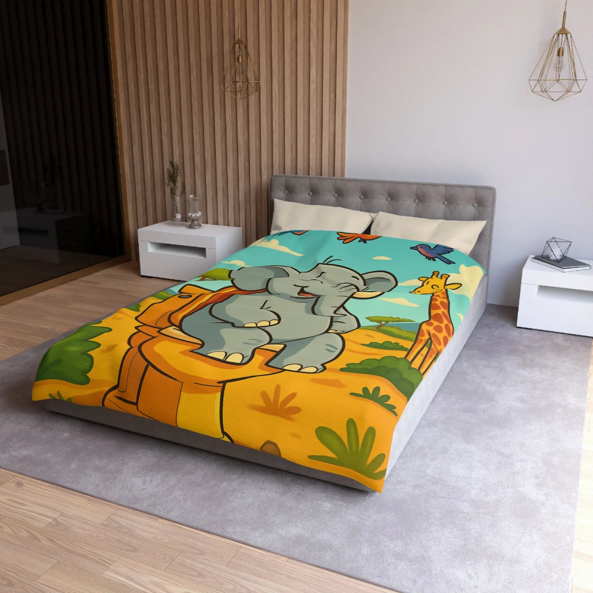 Housse de couette joyeuse éléphant sur toilettes en pleine savane colorée