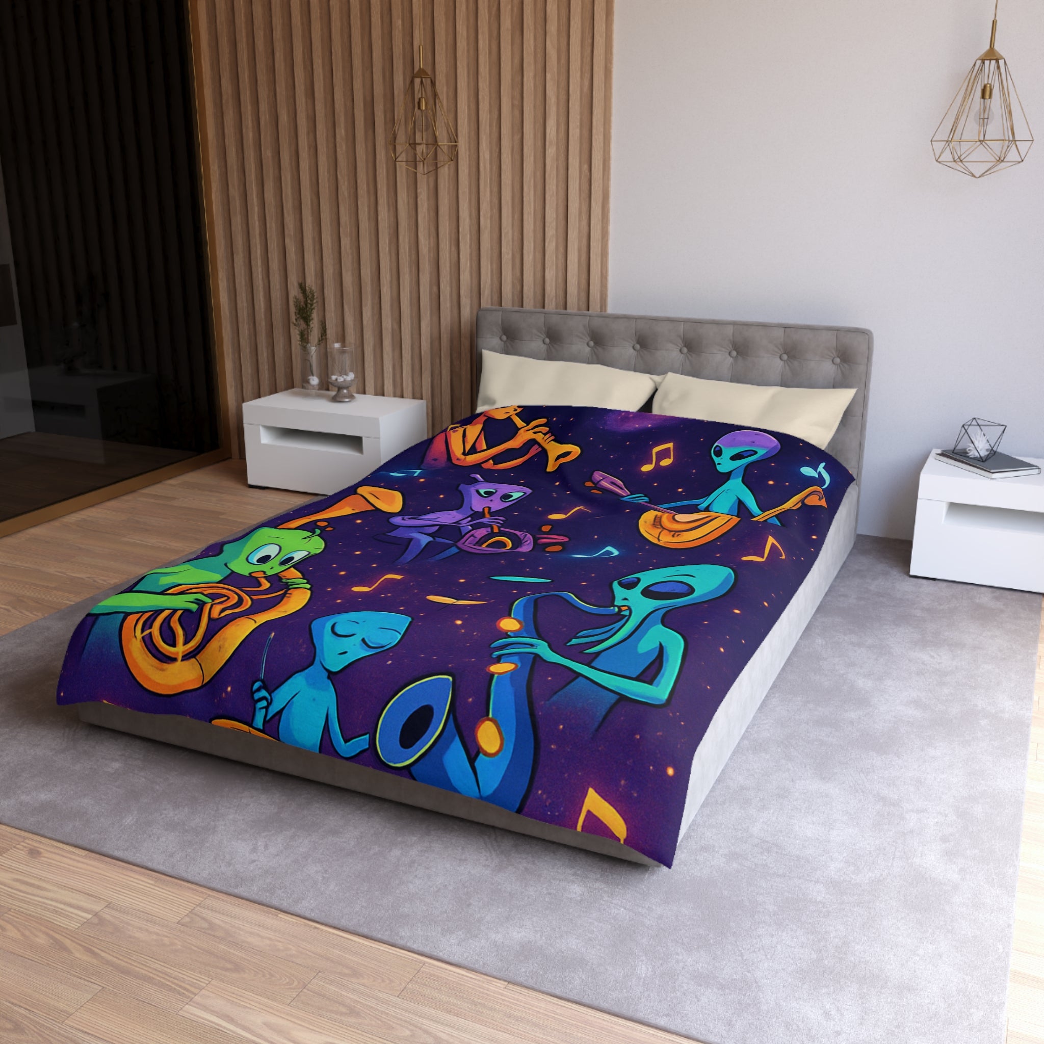 Housse de Couette Motif Aliens Musiciens Colorés Enchantant L'univers Spatial Fantastique