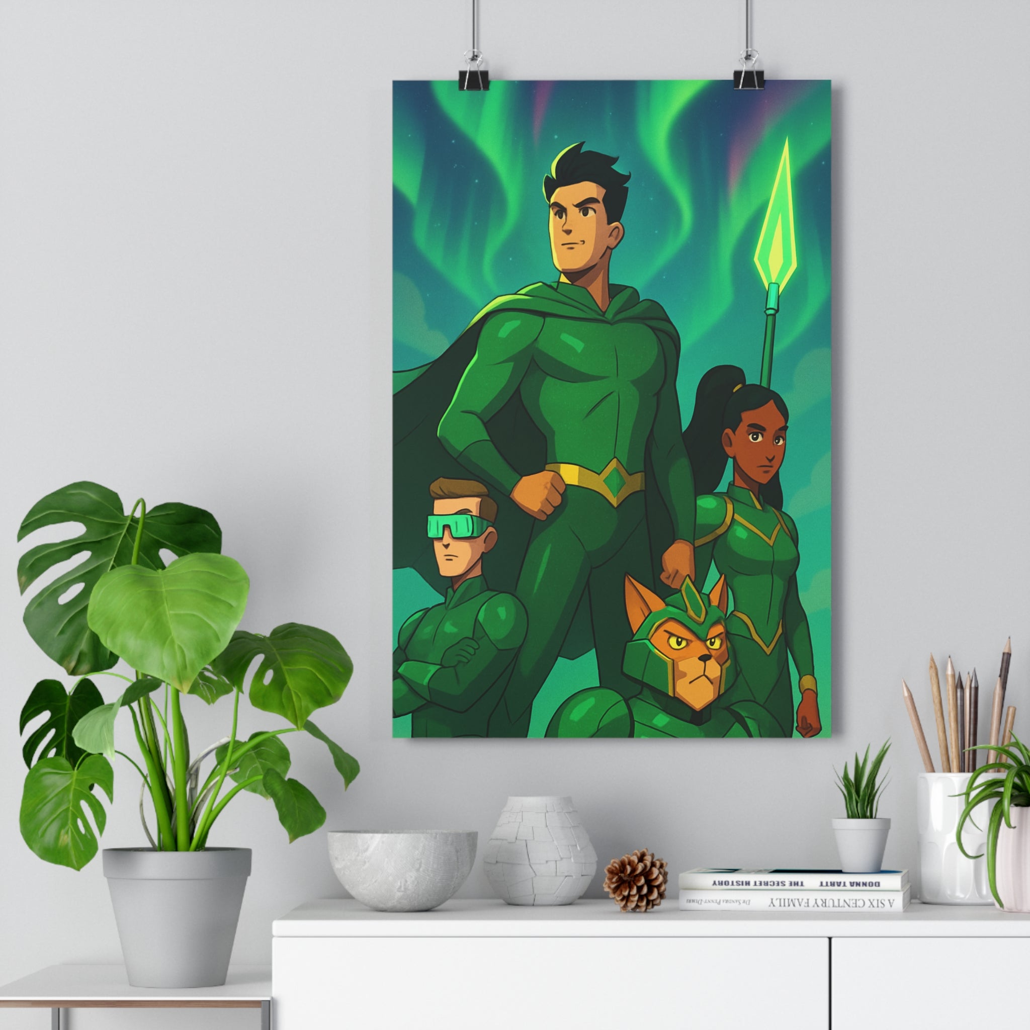 Poster décoratif superhéros vert cape animé dynamique aventure salon chambre moderne vibrant lumineux qualité