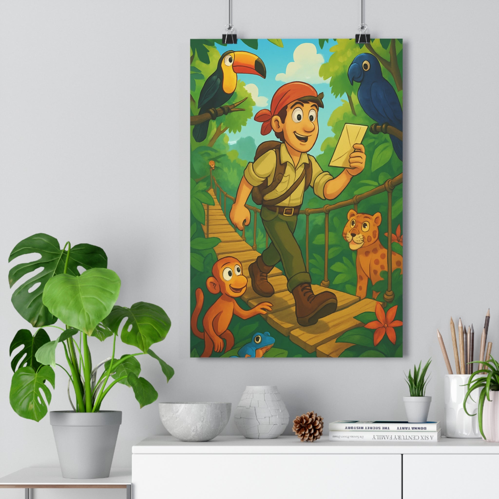 Poster décoratif coloré explorateur jungle cartoon aventure enfant chambre ludique vibrant exotique animaux joyeux