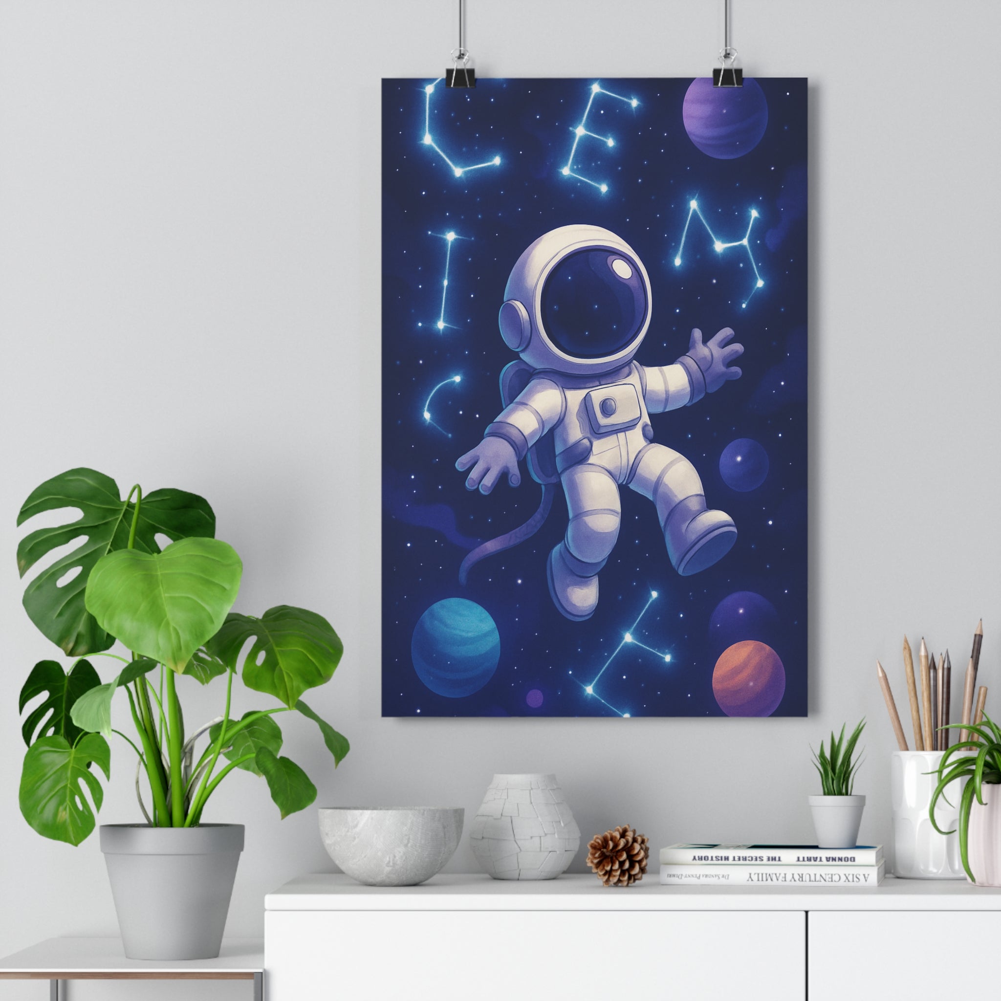 Poster décoratif astronaute flottant bleu violet cosmique mystère sciencefiction chambre bureau 30x46 planètes qualité