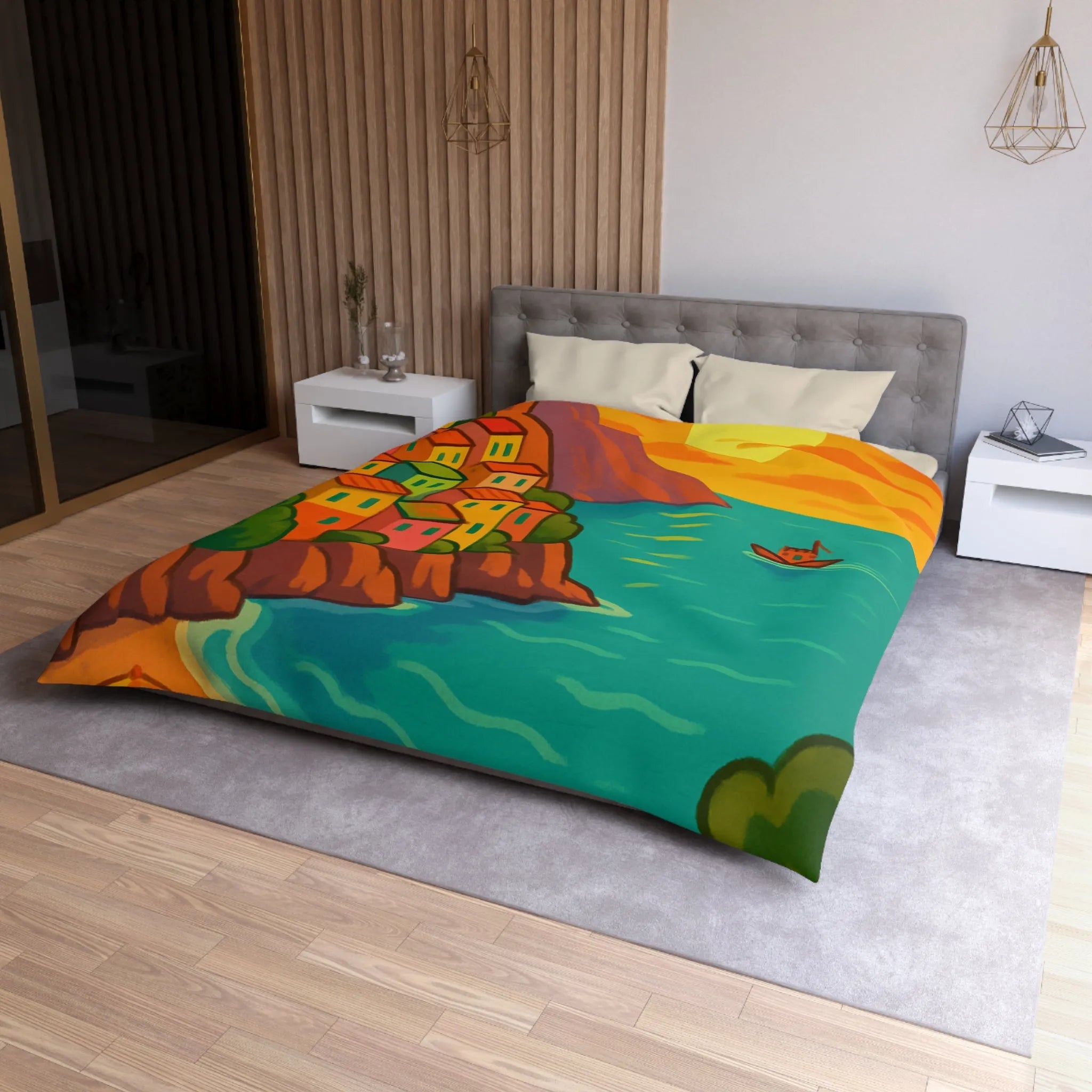 Housse de couette avec paysage côtier éclatant sous coucher de soleil vibrant et artistique