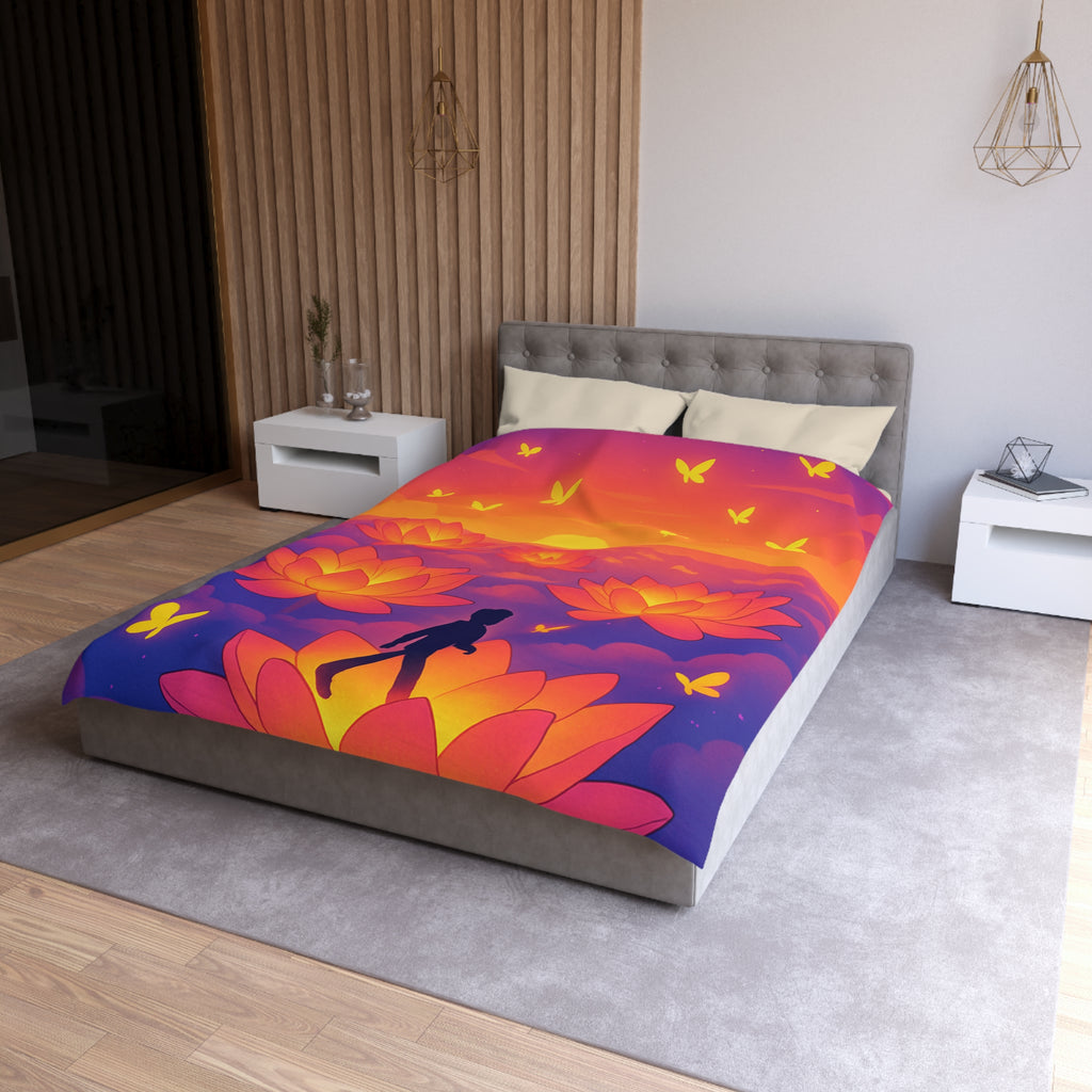 Housse de couette zen : Personne marchant sur fleur de lotus au coucher de soleil