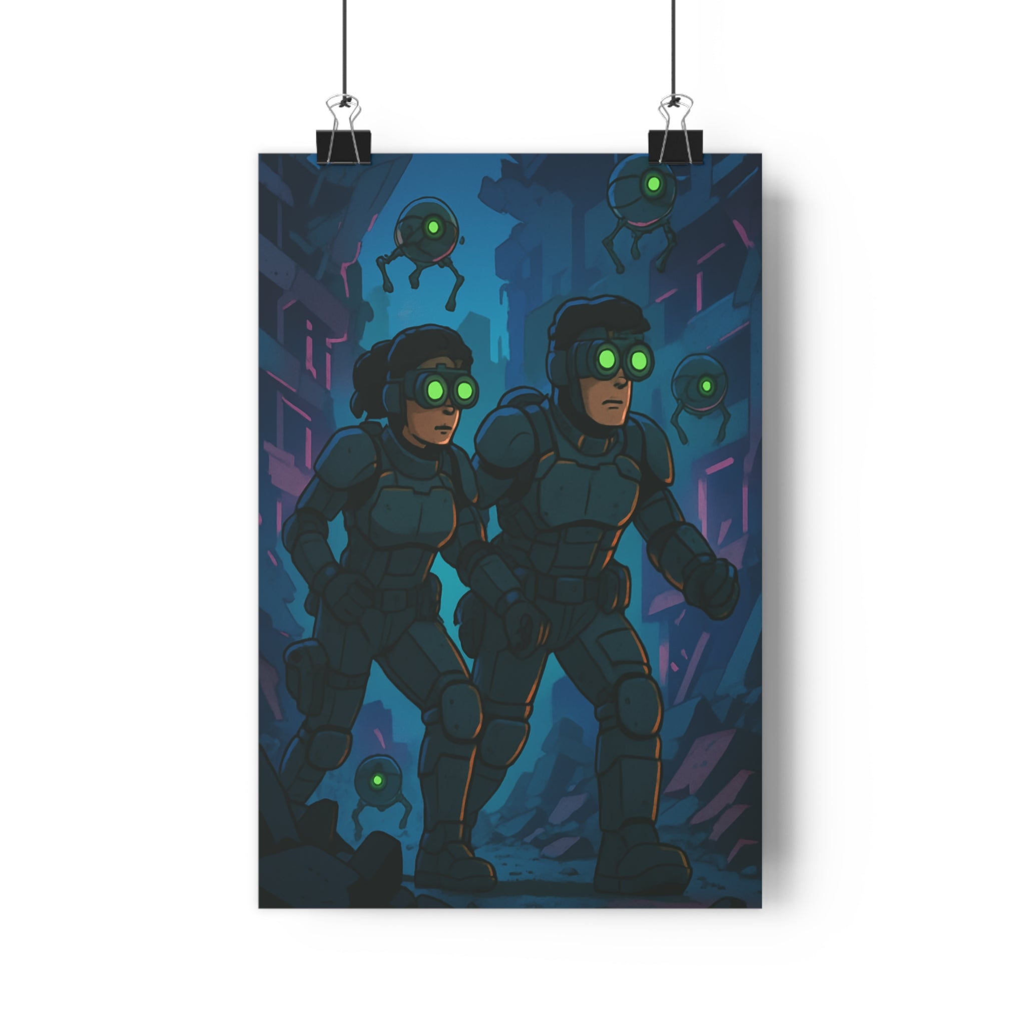 Poster décoratif cyberpunk néons bleus verts intense soldats futuriste chambre salon moderne urbain ambiance