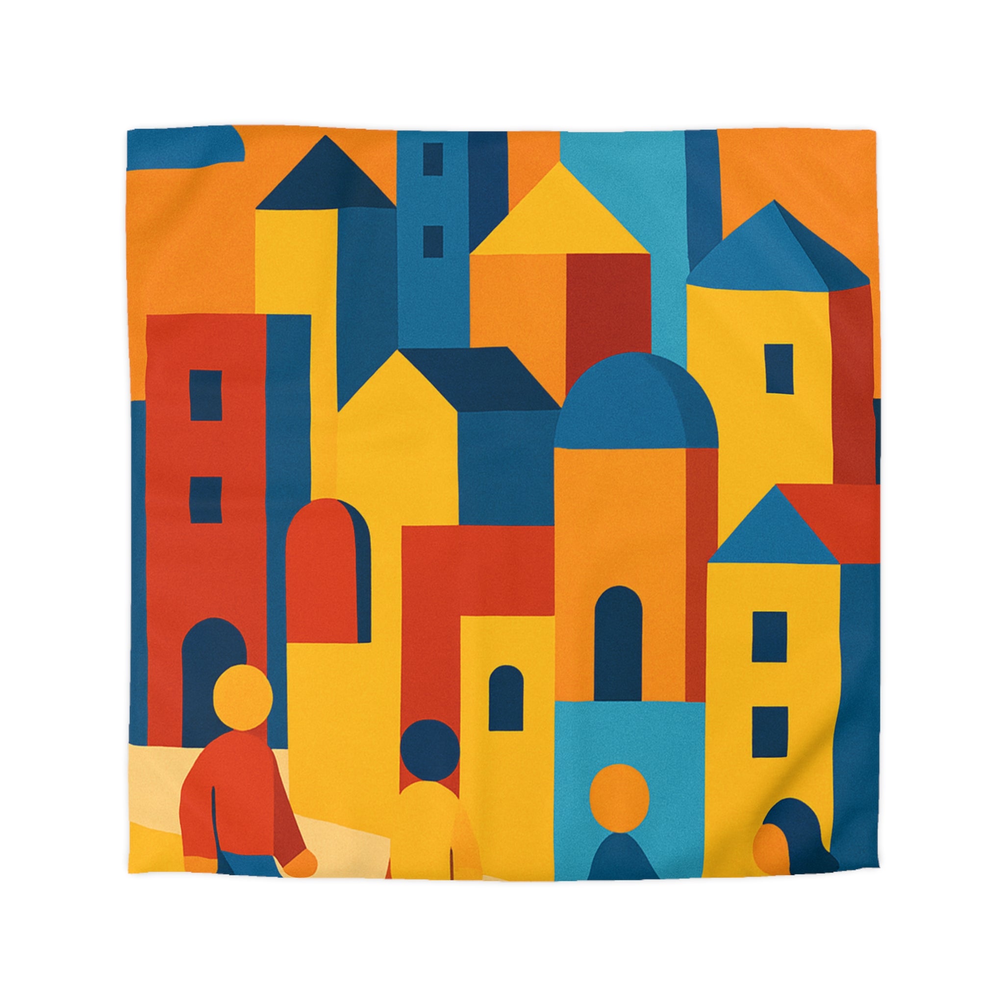 Housse de Couette Moderniste aux Couleurs Chaudes Illustrant Ville Effervescente et Silhouettes Humaines